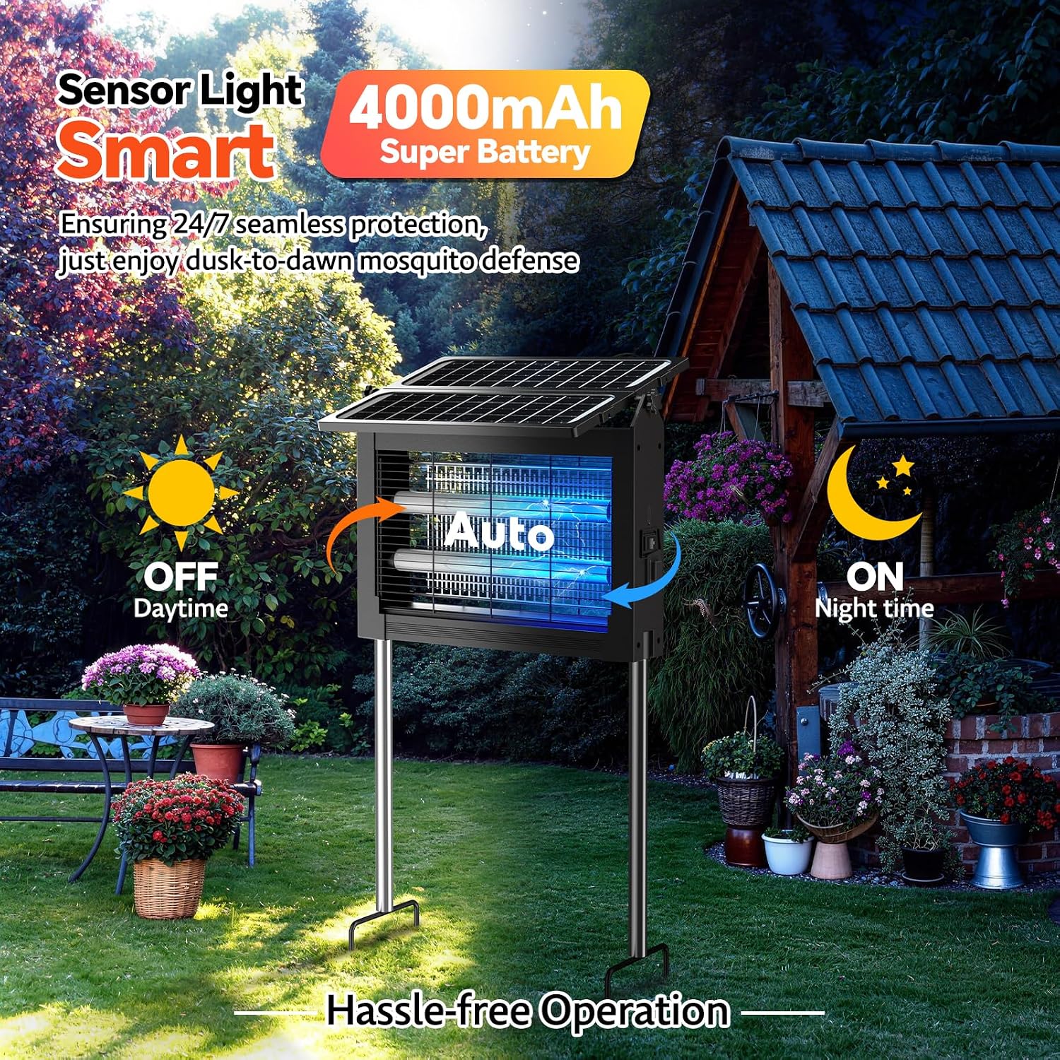 Solar Bug Zapper Outdoor, Dual Solar Panels, 4500V Waterproof Portable Mosquito Zappers, Cordless Fly Trap w/Auto Mode, Rechargeable Mosquitoes Insect Killer for Patio Yard Garden Camping (Black)