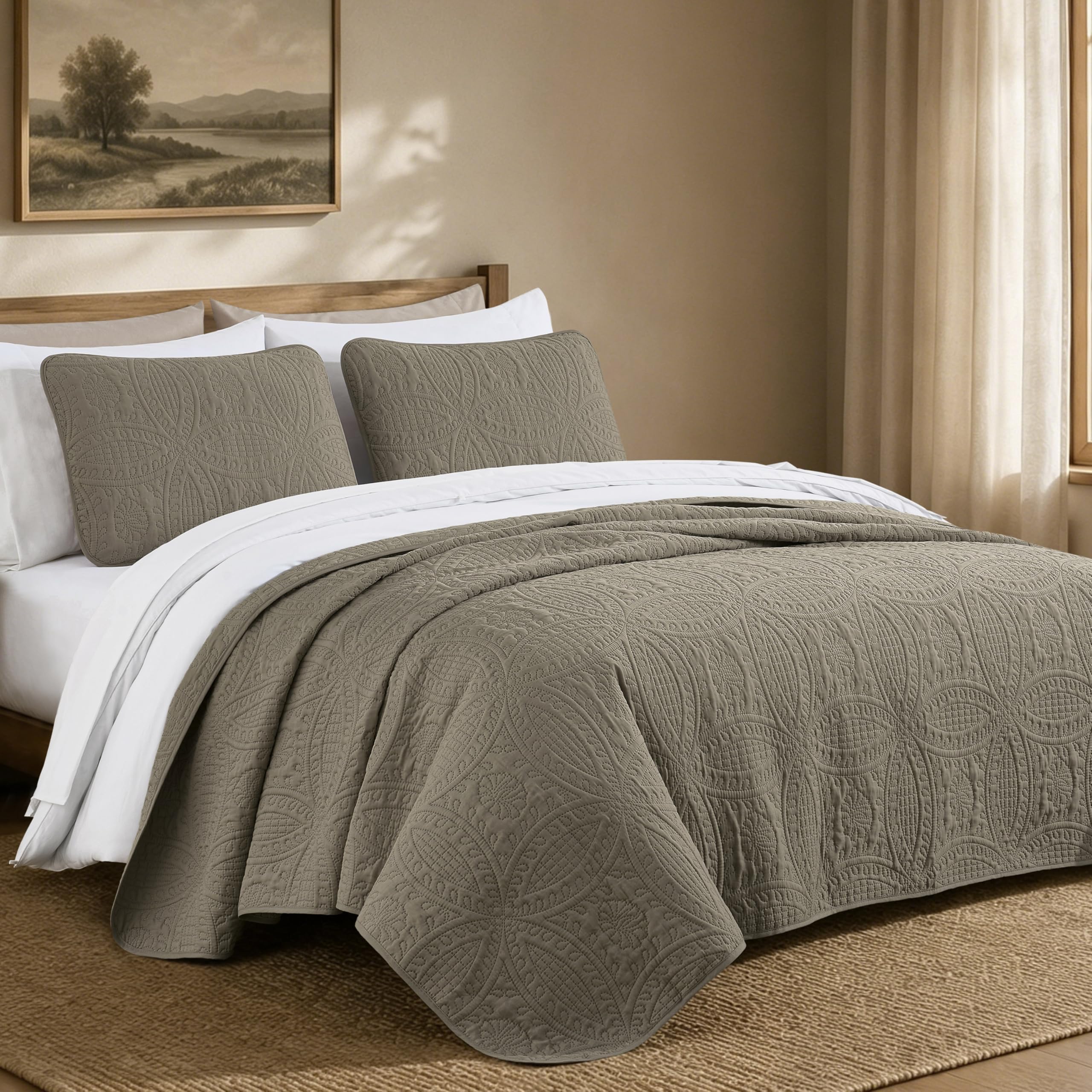 Chezmoi Collection Austin 3-Piece Oversized (118"x106") Bedspread Coverlet Set King, Taupe, Microfiber