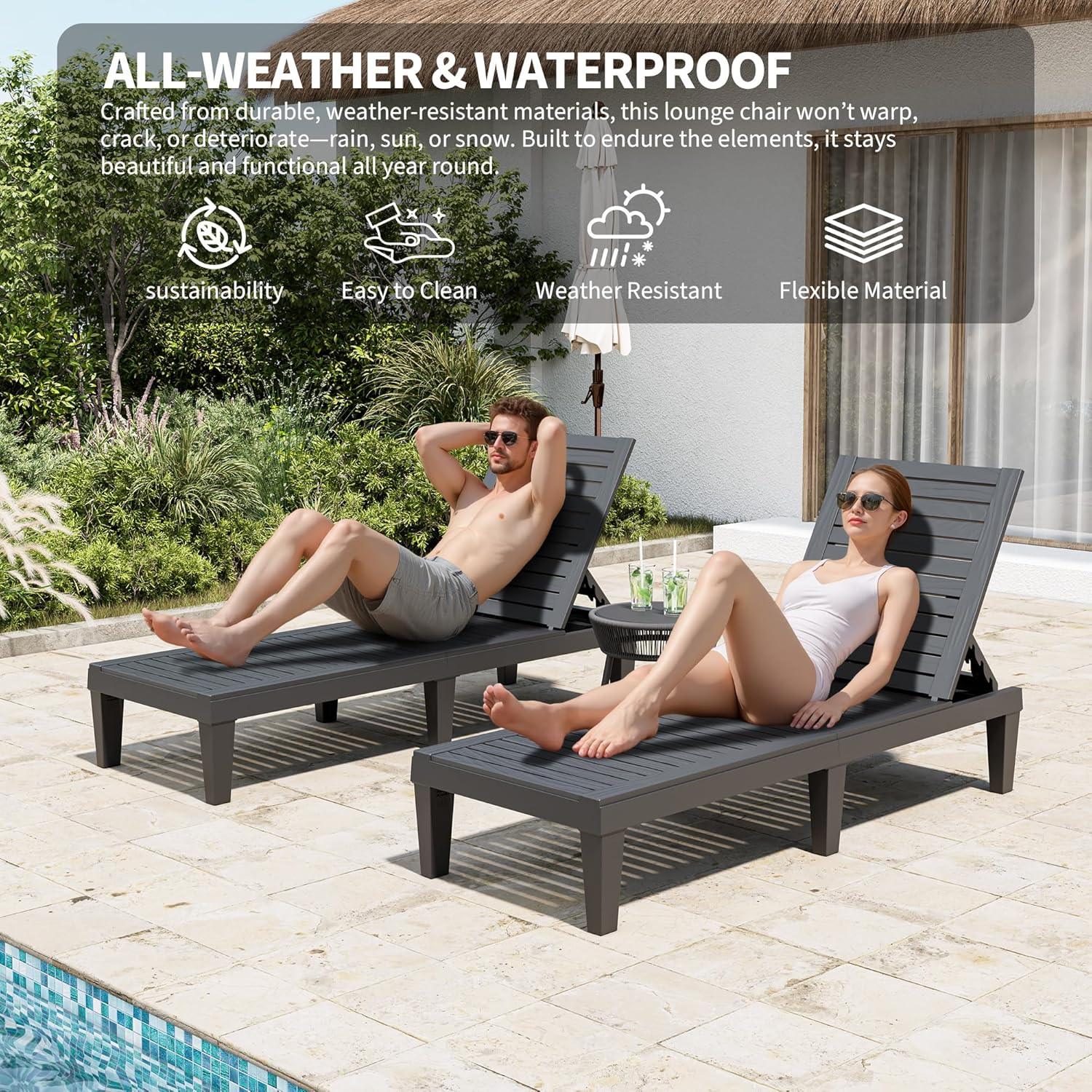 Outdoor Chaise Lounge Chairs Set of 2, 5-Position Adjustable Tanning Lounge Chairs with Wood Texture, All-Weather Resin Patio Lounge Chair for Pool, Garden, Deck, Beach, Striped Black
