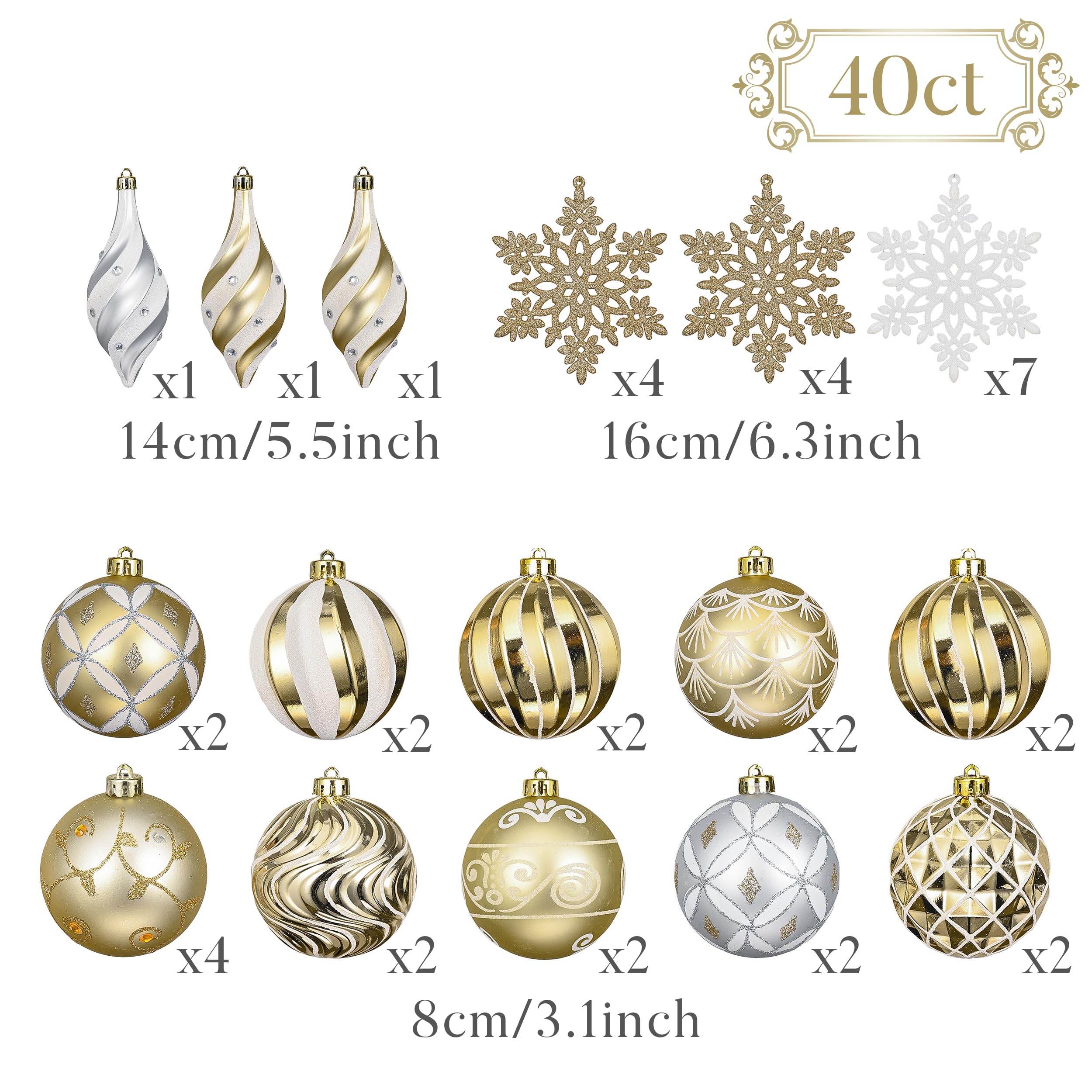 Valery Madelyn Lot de 40 Boules de Noël élégantes Blanches et dorées incassables Assorties pour décoration de Noël