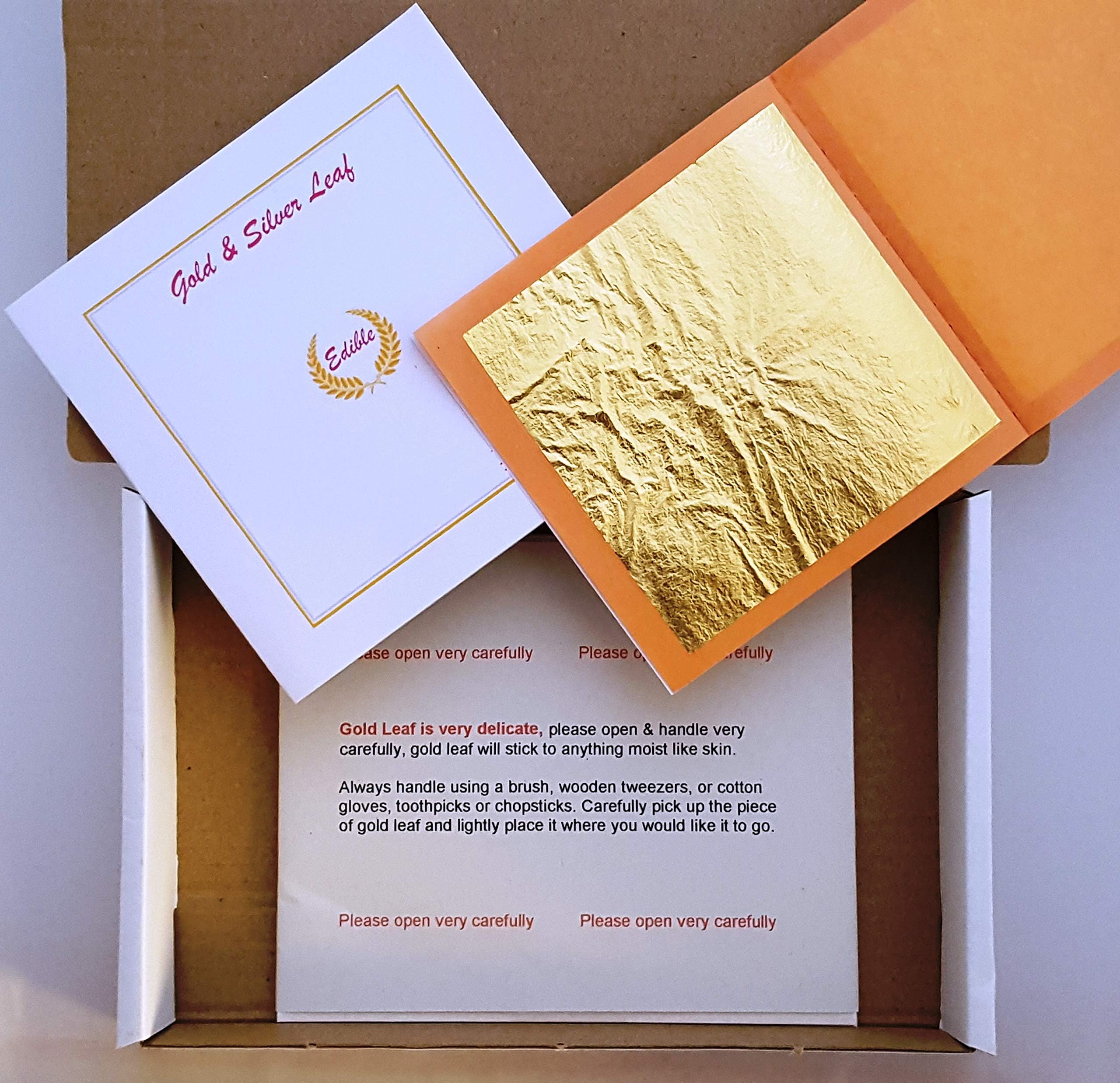 Edible Gold Leaf UK Supplier 25 Sheets 80mm x 80mm. Perfect for Celebrations Weddings Chocolates Cakes & Cup Cakes Baking. EU175 Approved. Supplied with Antistatic Tweezers & Cotton Wool.