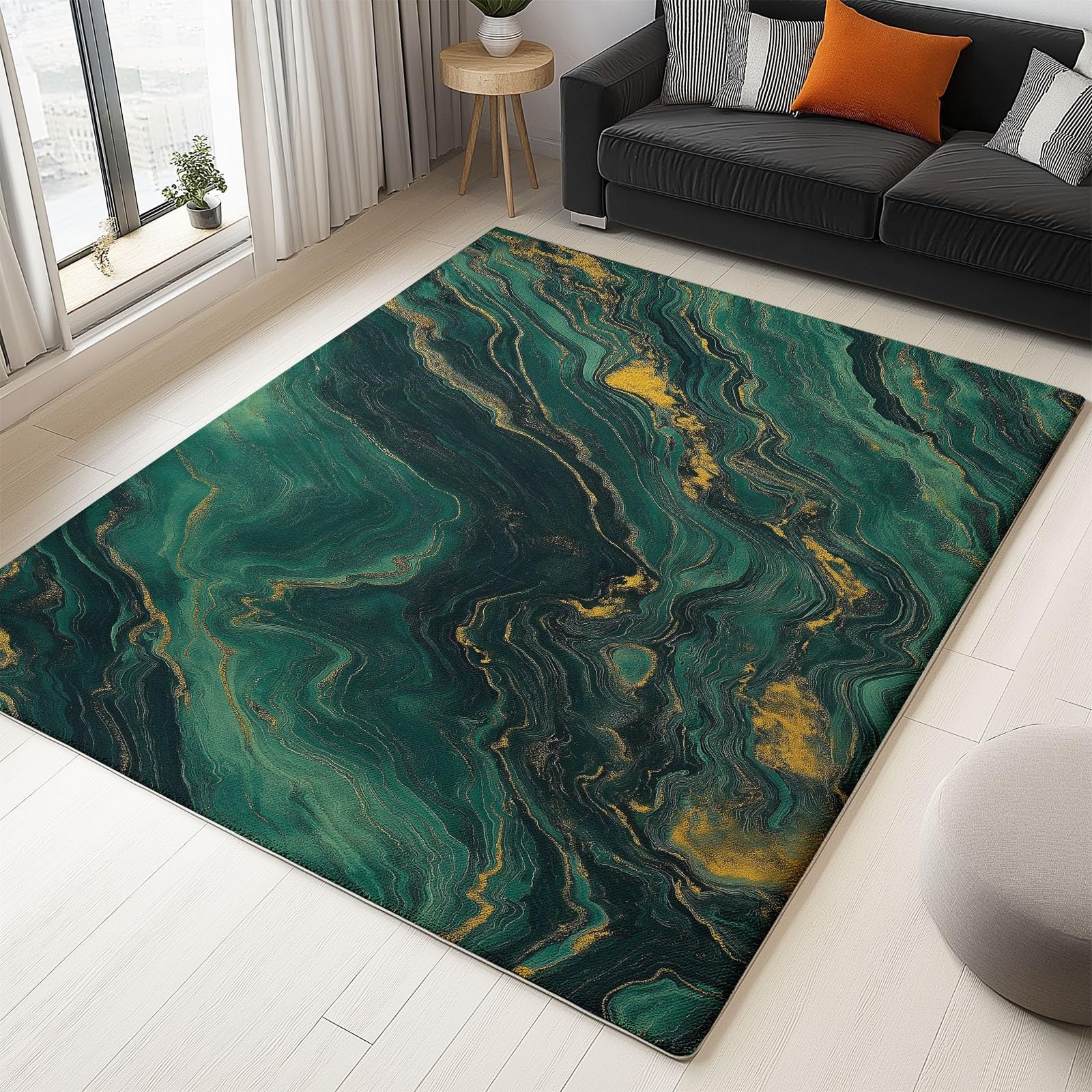Tapis Moderne Effet marbre Vert foncé, Lavable, antidérapant et Doux, pour Salon, Chambre, Bureau, Cuisine (60 x 100 cm)
