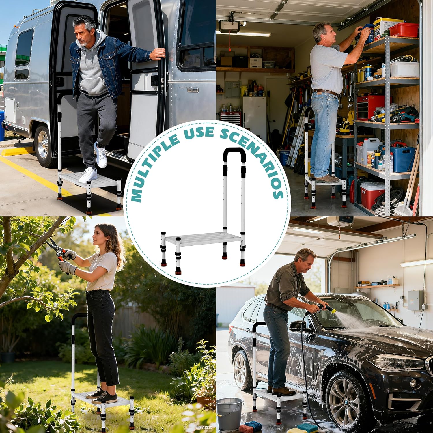 Adjustable Height Car Step Stool with Handrail for RV, SUV & Truck - 4 Legs & Handrail Height Adjustable, Heavy Duty 800 lbs Capacity, Non-Slip Safety Step Assist for Elderly, Seniors & Mobility Aid