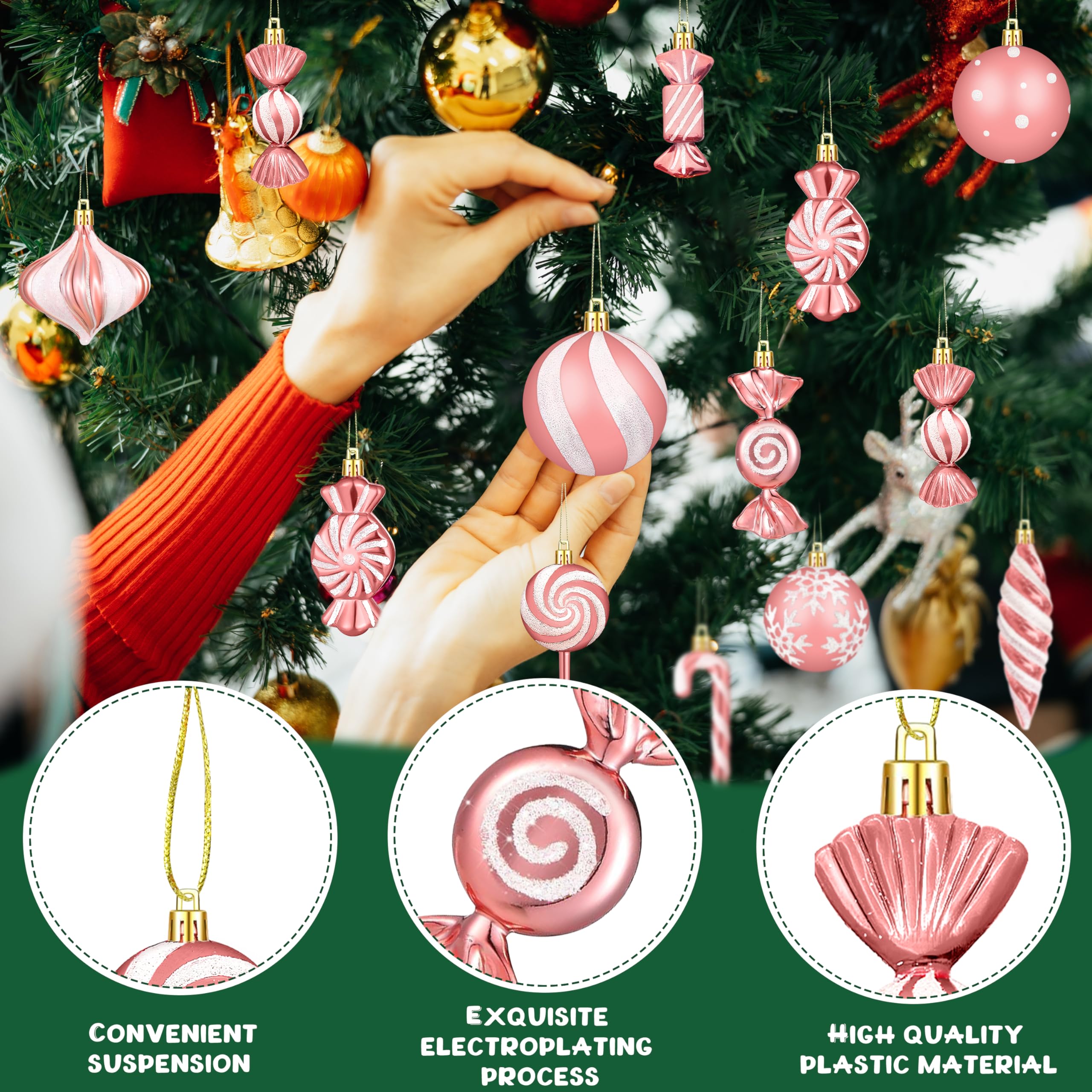 Weihnachtsschmuck, Süßigkeiten-Lutscher-Set, 48 Stück, für Weihnachtsbaumdekoration, hängende Kunststoff-glänzende Zuckerstangen, Kugelanhänger für Neujahr, Heimdekoration, Partyzubehör (Roségold)