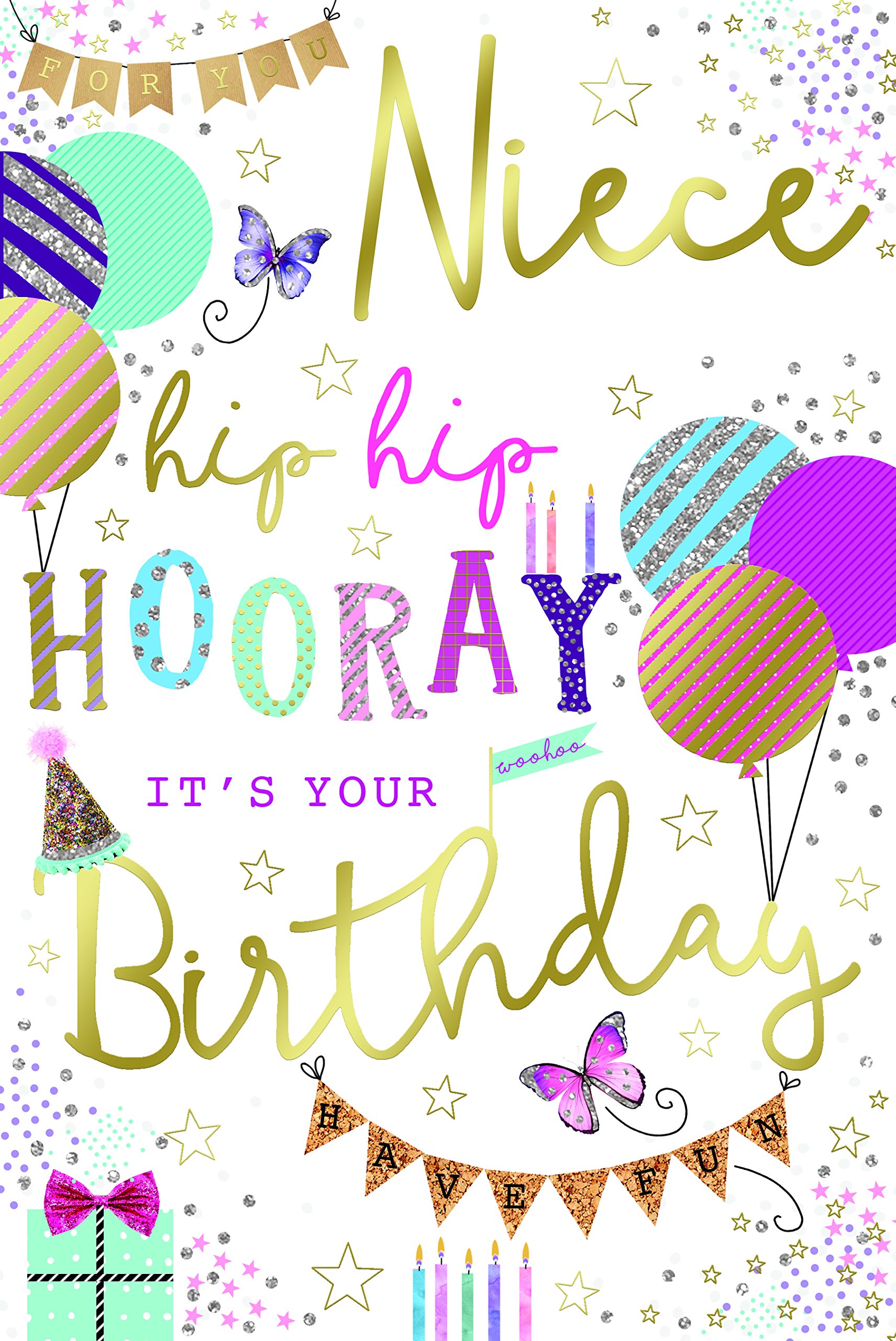 Special Days Niece Balloons Bunting & Presents Design Happy Birthday Card Lovely Verse