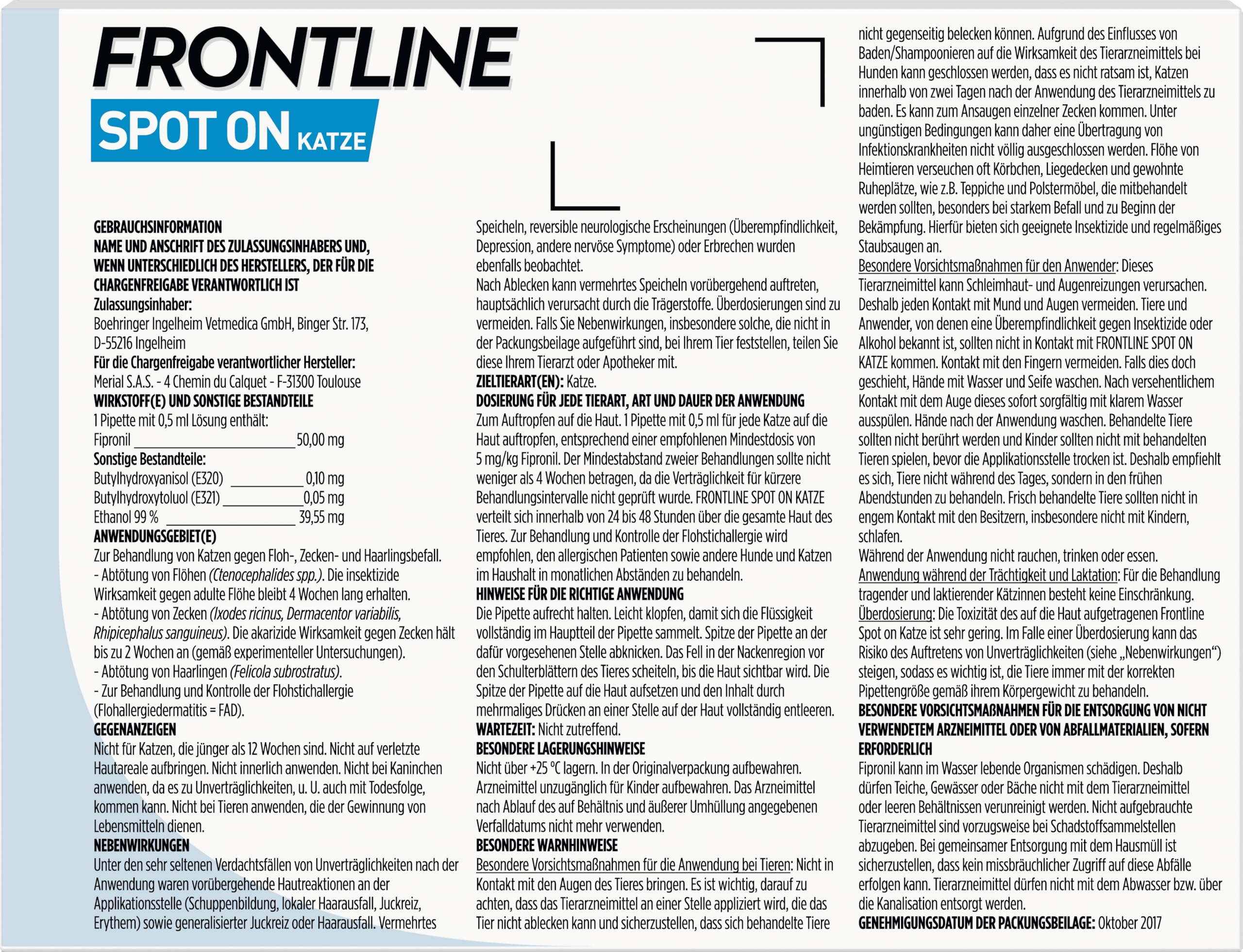 FRONTLINE Spot ON Katze gegen Zecken, Flöhe & Haarlinge (für Jede Größe & Gewicht) - 6X Pipetten für bis zu 6 Monate Schutz - wasserfest