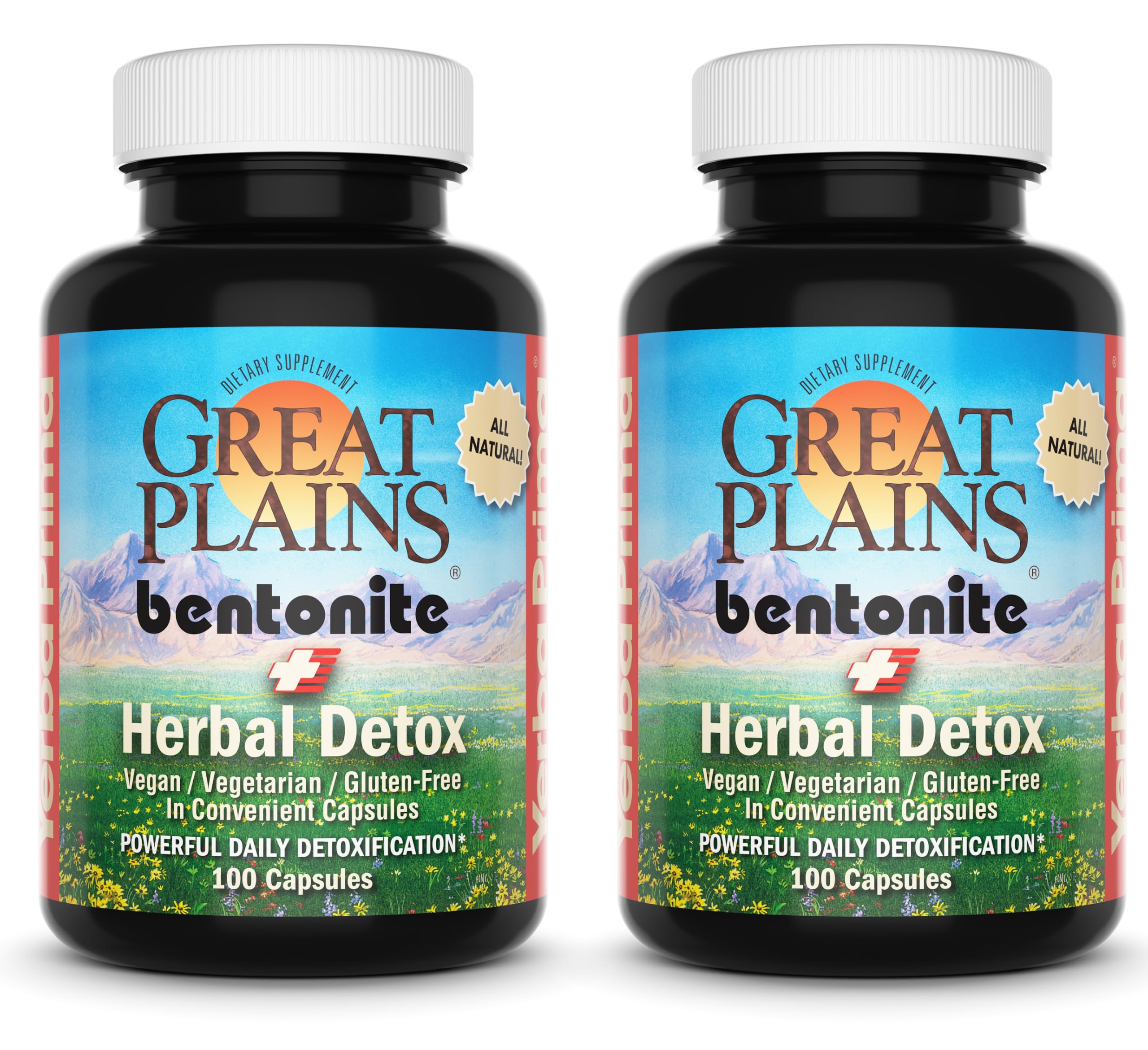 Yerba Prima Great Plains Bentonite Clay Caps Plus Herbal Detox (Pack of 2) - Food Grade - Liver & Colon Cleanse Supplement Capsules