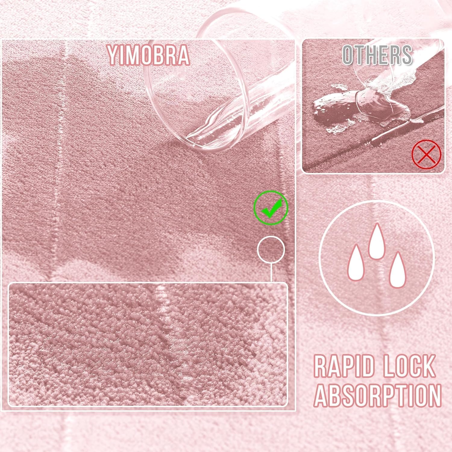 Yimobra Pink Bath Mat, Super Soft Absorbent Memory Foam Bathroom Rug Non Slip, Quick Dry, Machine Washable Floor Carpet for Tub Shower, Home Decor Accessories, 24x17 - Image 4