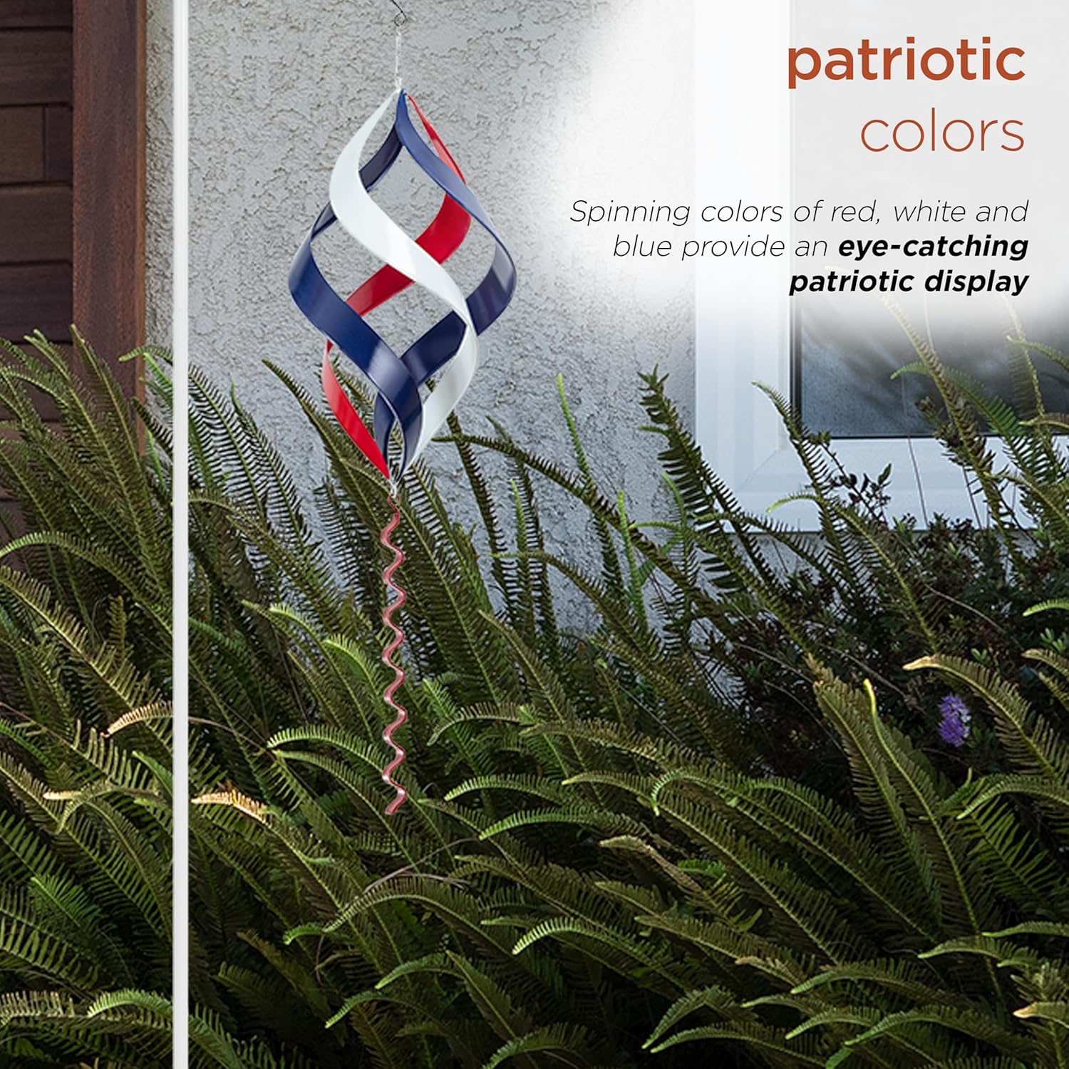 Alpine Corporation 38" Tall Outdoor Hanging Metal Wind Spinner Yard Decoration with Shepherd's Hook Holder, Red, White, and Blue