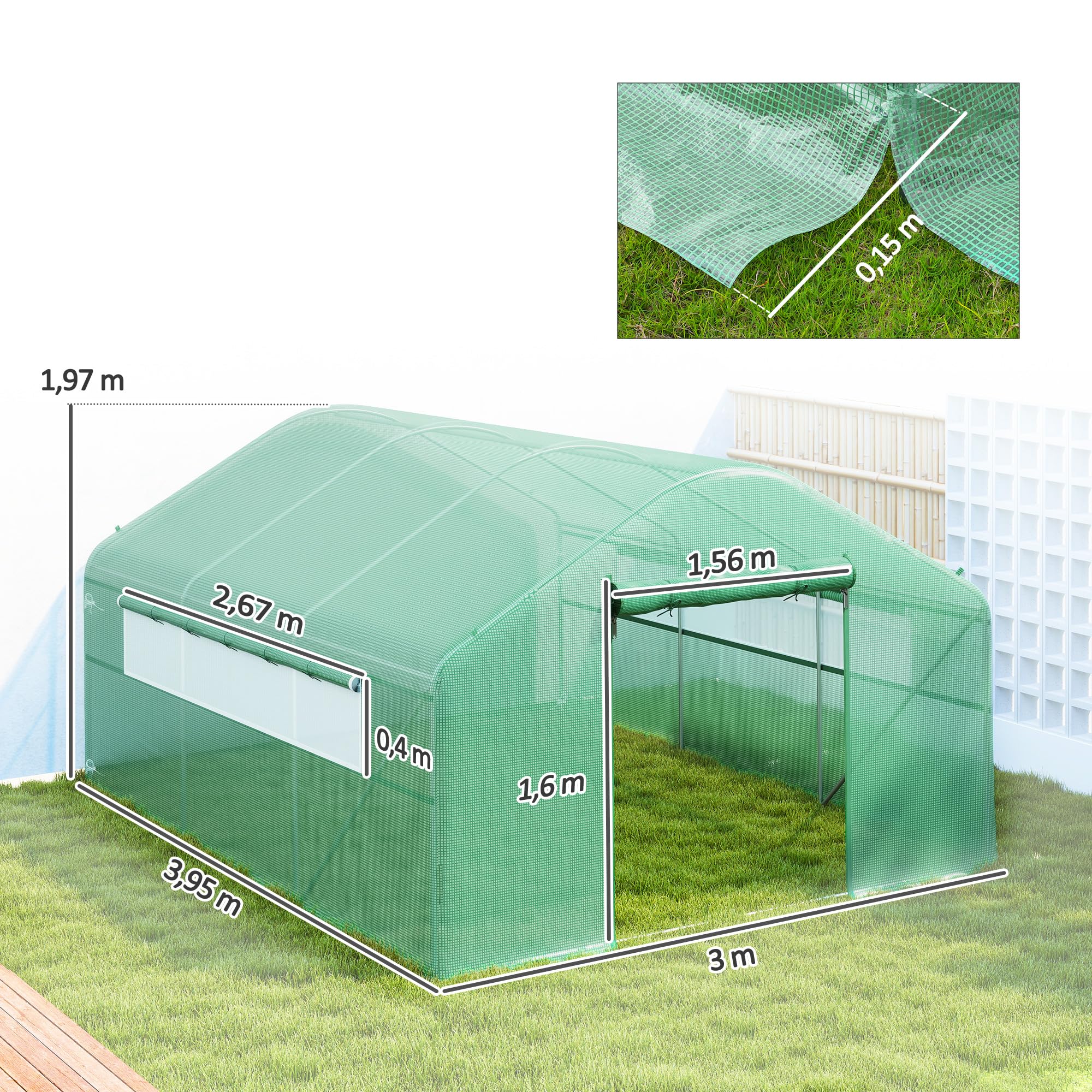 Outsunny Invernadero de Exterior 4x3x2 m Invernadero de Túnel con 2 Ventanas Cubierta de PE Anti-UV y 1 Puerta Enrollable con Cremallera Invernadero para Jardín Patio Verde