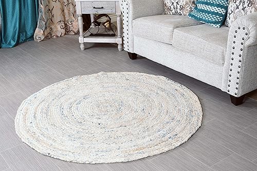 Miniatura 2 de Alfombra redonda blanca y azul de 5 pies para sala de estar, trenzada, desgastada, de algodón, antideslizante, reversible, tejida a mano, Chindi de