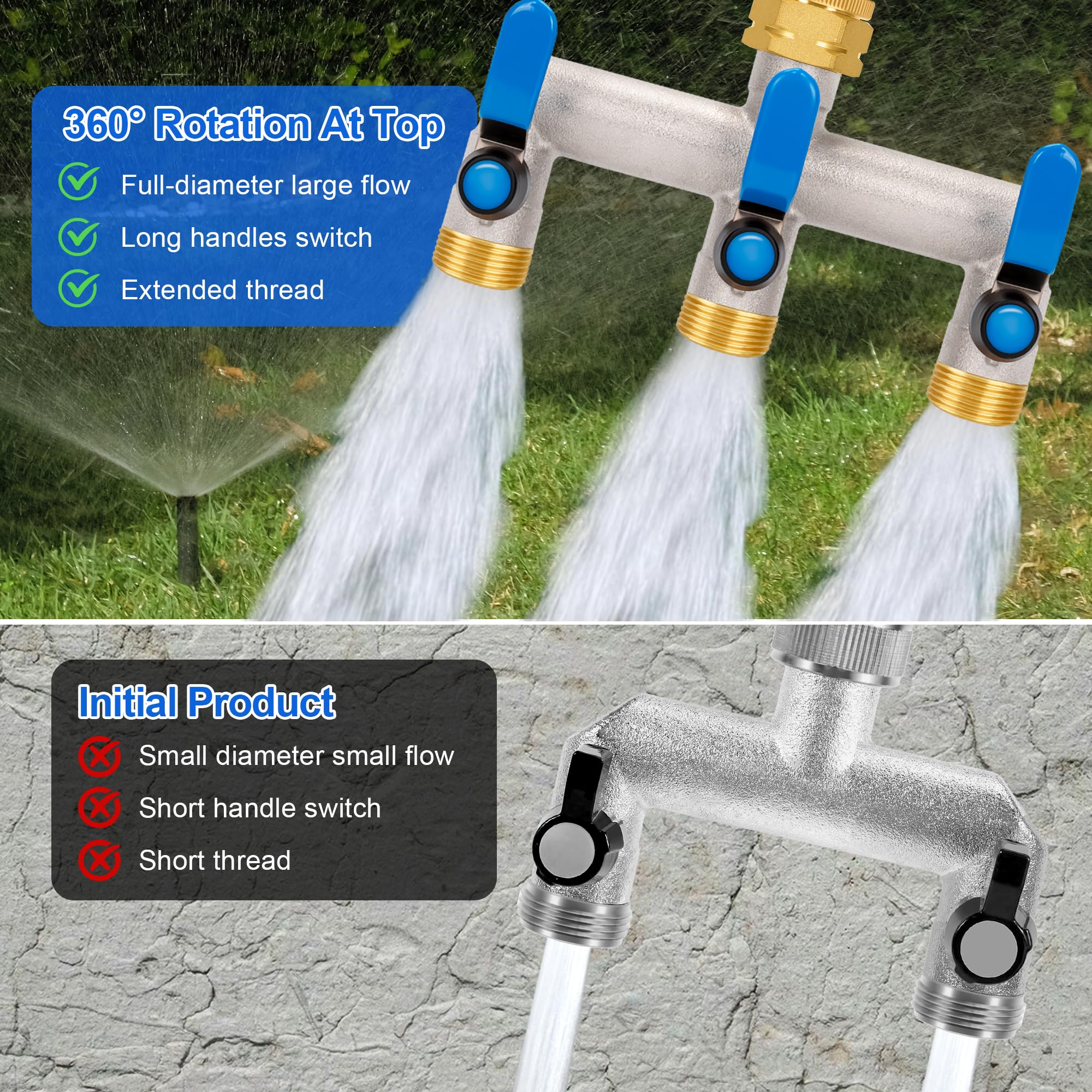 Distributore d'acqua a 3 vie, distributore d'acqua a 3 vie, distributore d'acqua da giardino con tre maniglie di prolunga blu in acciaio inox 304, adattatore da 3/4" per casa, cortile, lavatrice