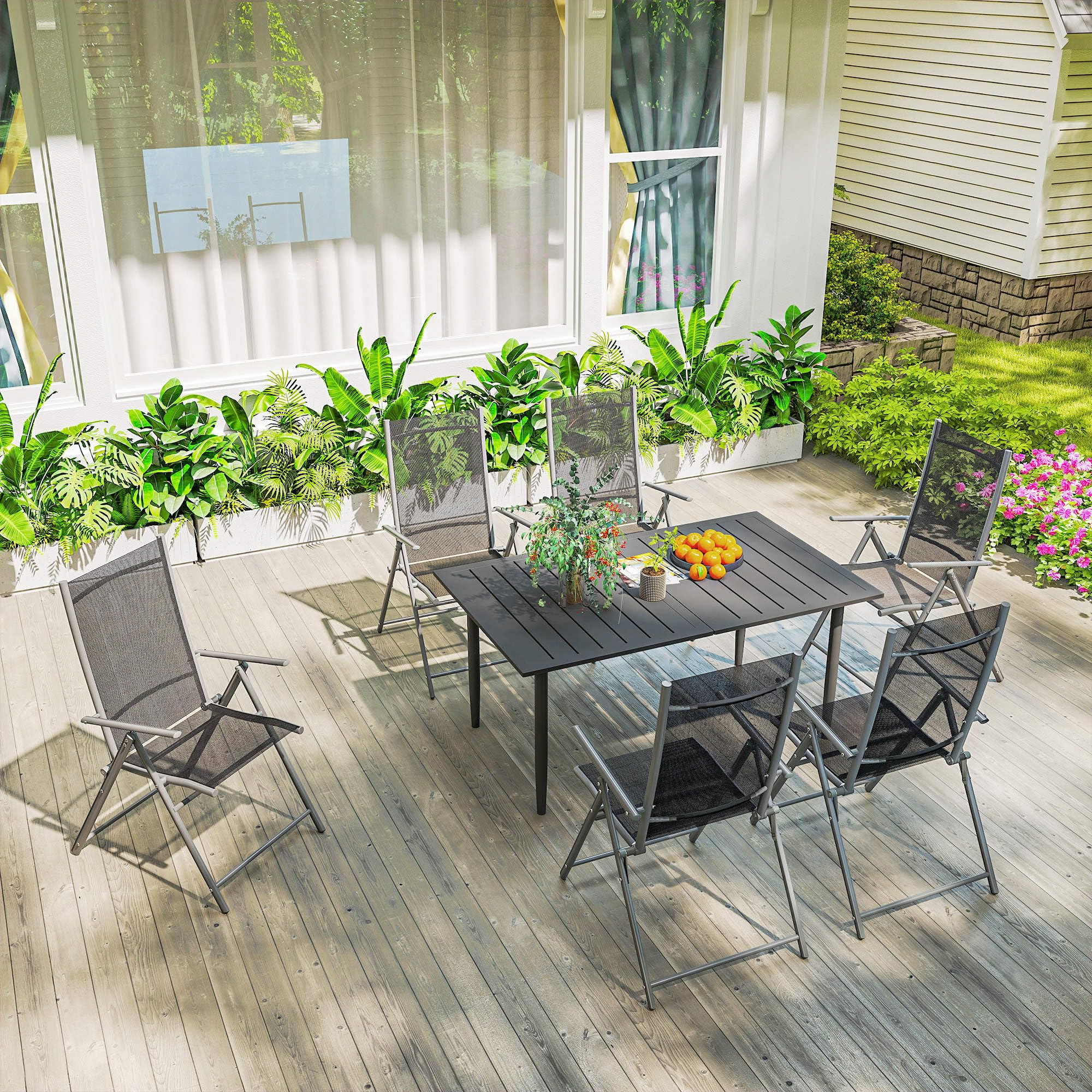 Outsunny Tavolo da Giardino Rettangolare 150x90x73 cm, Tavola da Pranzo per 6 Persone con Design a Doghe e Foro per Ombrellone in Acciaio, Per Patio, Terrazzo, Balcone ed Esterno, Nero