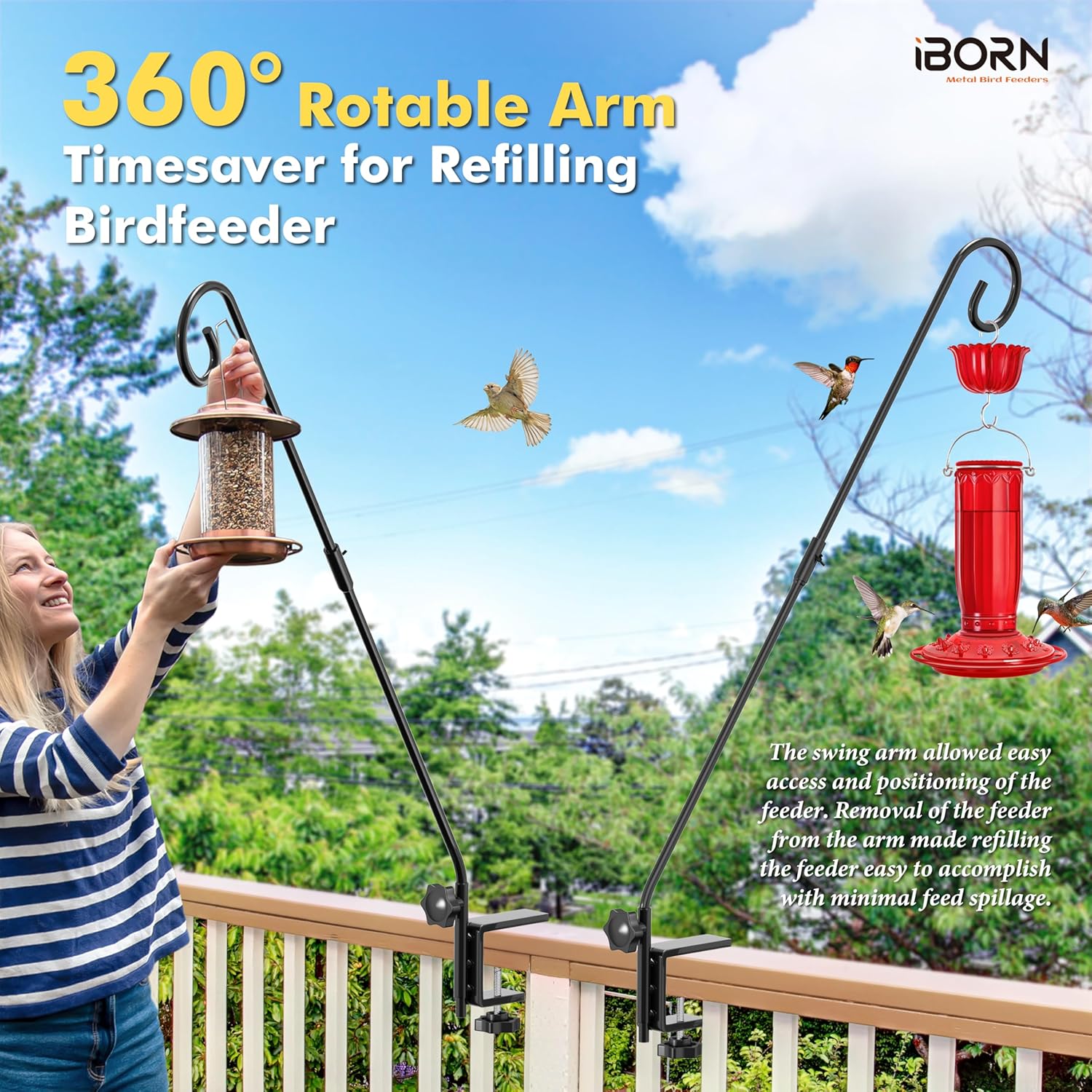 iBorn Deck Hook for Bird Feeder,360° Rotatable Arm, 28 Inch, Pack of 1 + Metal Suet Feeder with Tail Prop Heavy-Duty Woodpecker Feeder,Black,1 Pack