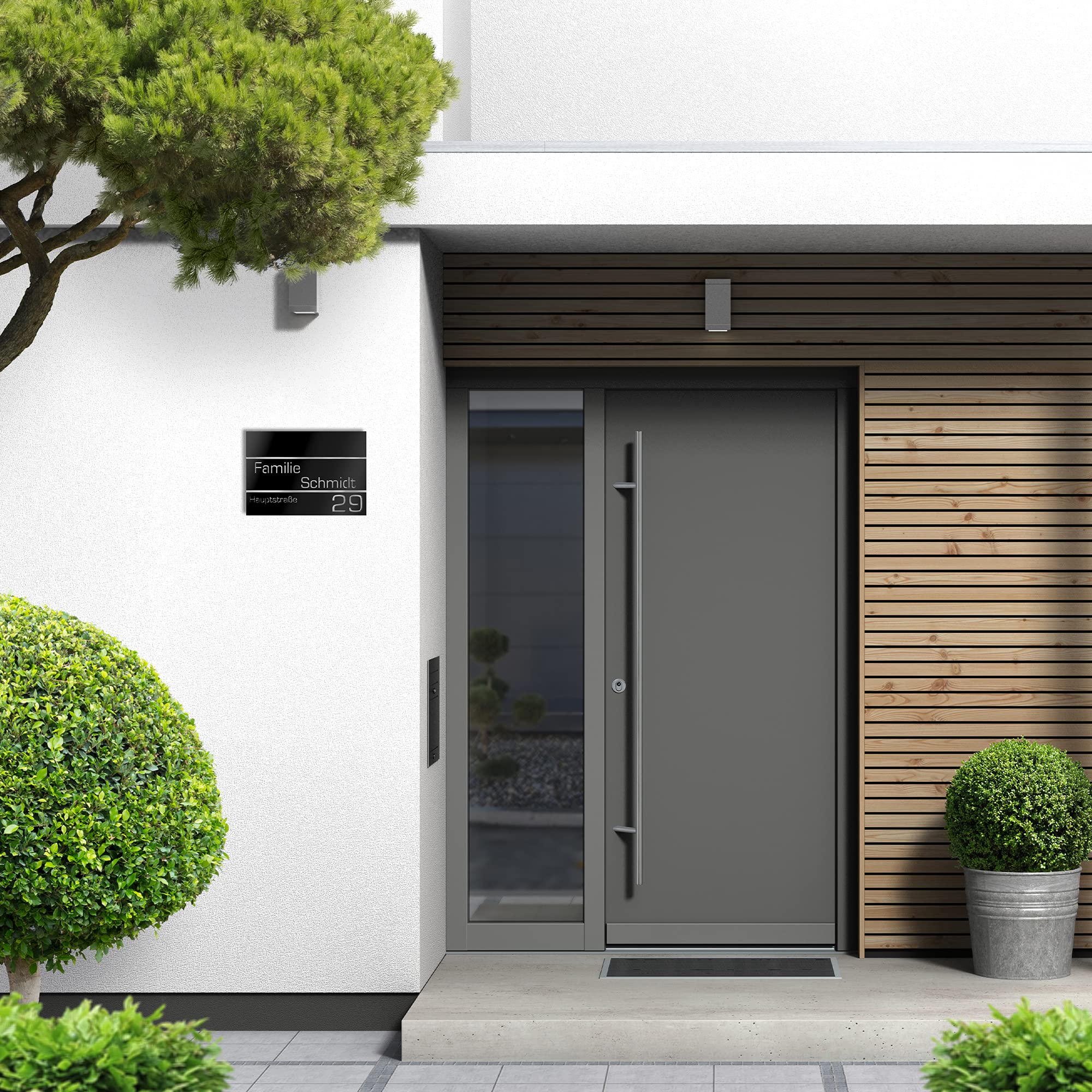 Número de Casa Exterior Personalizable de Acero Inoxidable. 250 x 175 mm en Negro Resistente a la Intemperie. Para Puertas y Portales. [Made in Germany]