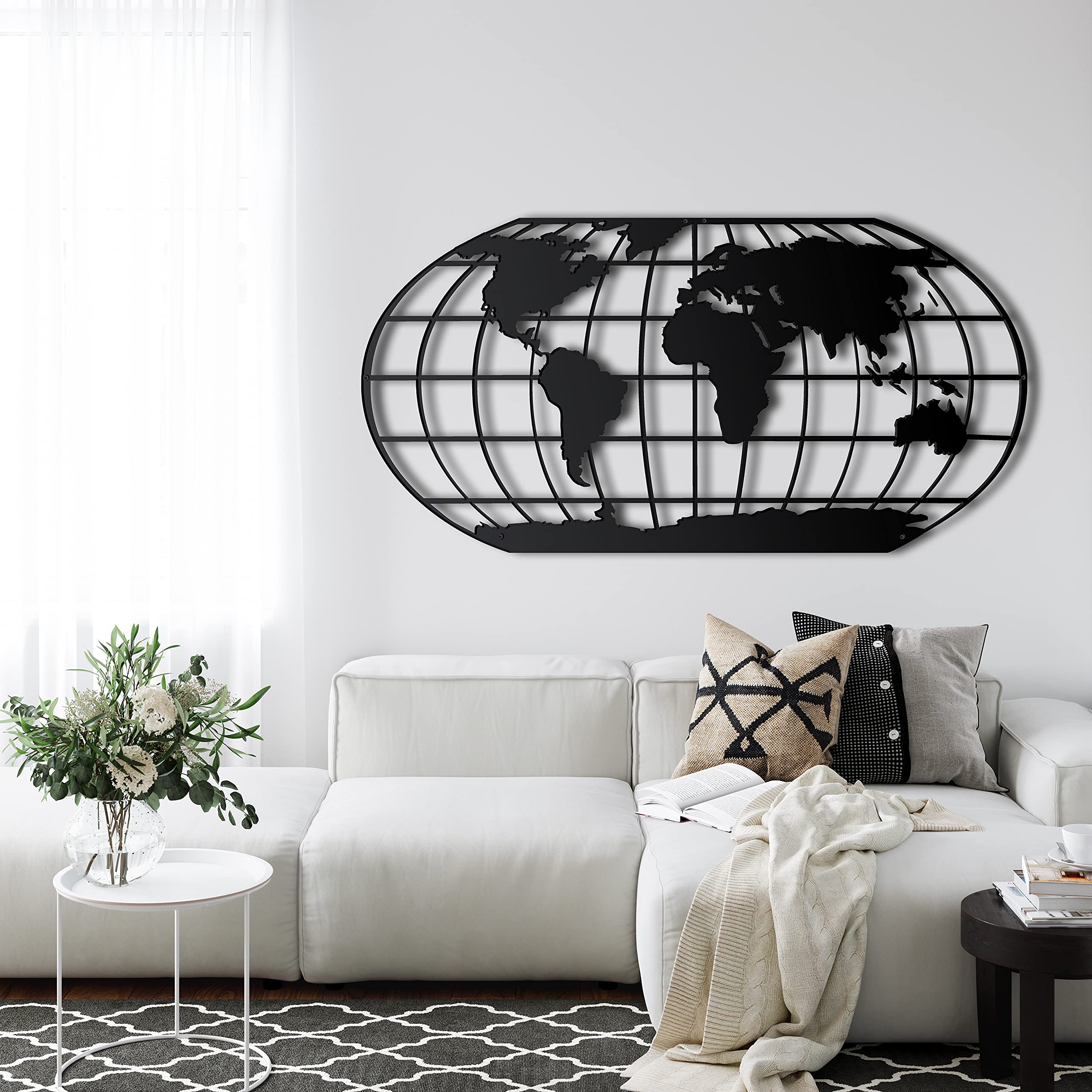 Dekadron Décoration murale en métal, carte du monde avec méridiens, décoration pour salon ou bureau, art mural en métal (100x51cm)