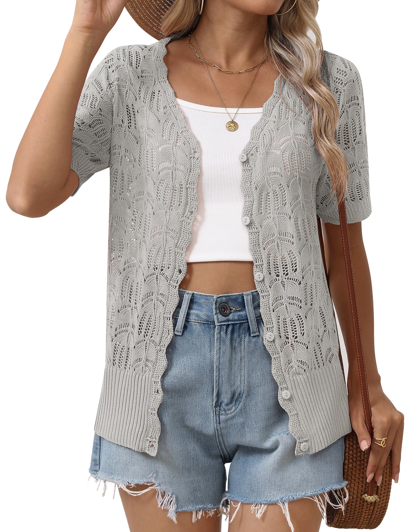Women's Short Sleeve Summer Cardigan V-Neck Button up Lightweight Hollow Out Sweater Cardigans Shrug-image-26