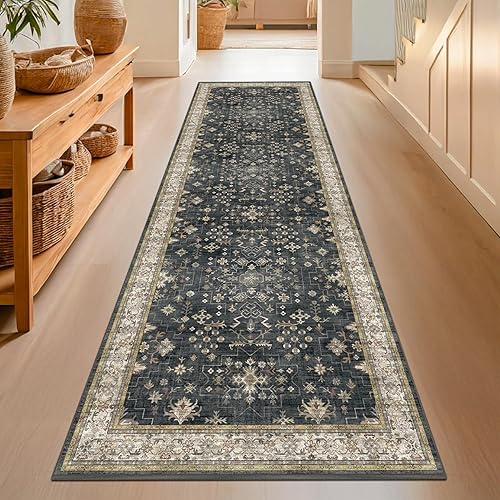 Black Washable 10ft Long Runners for Hallways, 2'6"x10' Wide Kitchen Runner Rug, Entryway Indoor Rug, Non Slip Rubber Backing Boho Vintage Floor Decor - 2'6" x 10' (Runner) - Ashen / Multi