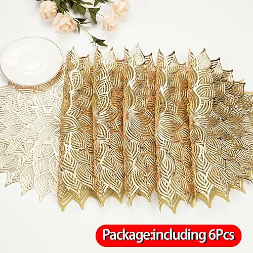 Miniatura 4 de Crisjanggo Juego de 6 manteles individuales para mesa redonda, con líneas doradas, de 15 pulgadas, antideslizantes, impermeables, huecos, para