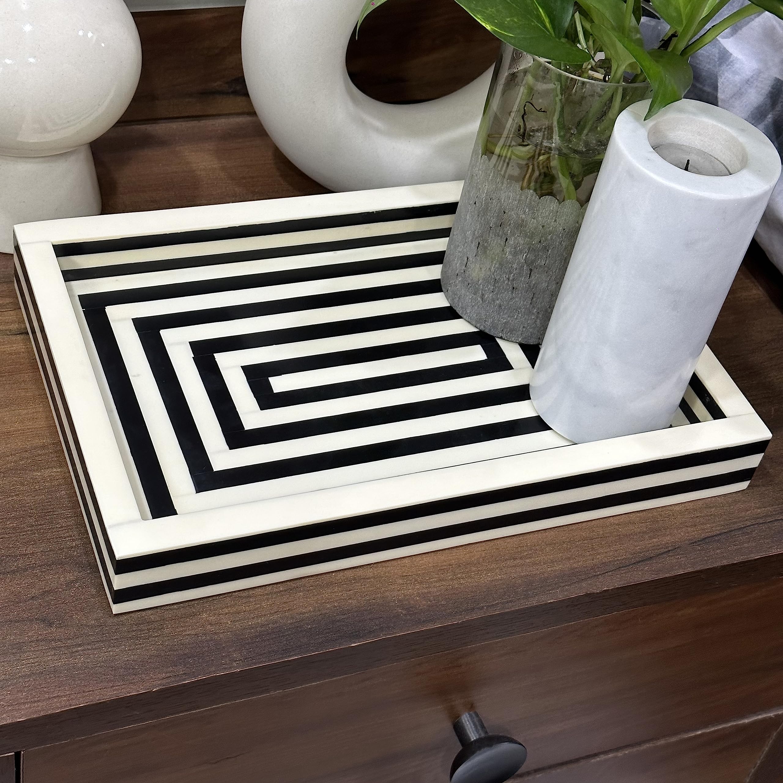 Perilla Home Designer-Serviertablett aus Kunstharz, gestreift, gemustert, für Frühstück, Snacks, Platte, Kaffee, dekoratives Tablett für Zuhause, Büro, Küche, Badezimmer, Ottomane, Tablett, rechteckig