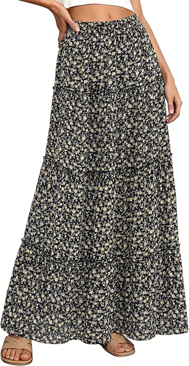 BTFBM Floral Maxi Skirts for Women Summer Spring 2026 Elastic Waist Tiered Flowy Beach Vacation Outfits Boho Long Skirt