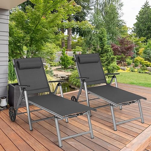 Miniatura 2 de COSTWAY 2 piezas de silla reclinable de aluminio plegable con ruedas ajustables