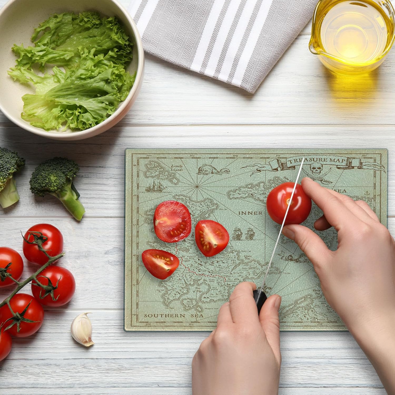 Lunarable Island Map Cutting Board, Detailed Treasure Map with Unique Nautical Discovery Exploration Theme Print, Decorative Tempered Glass Cutting and Serving Board, Small Size, Beige