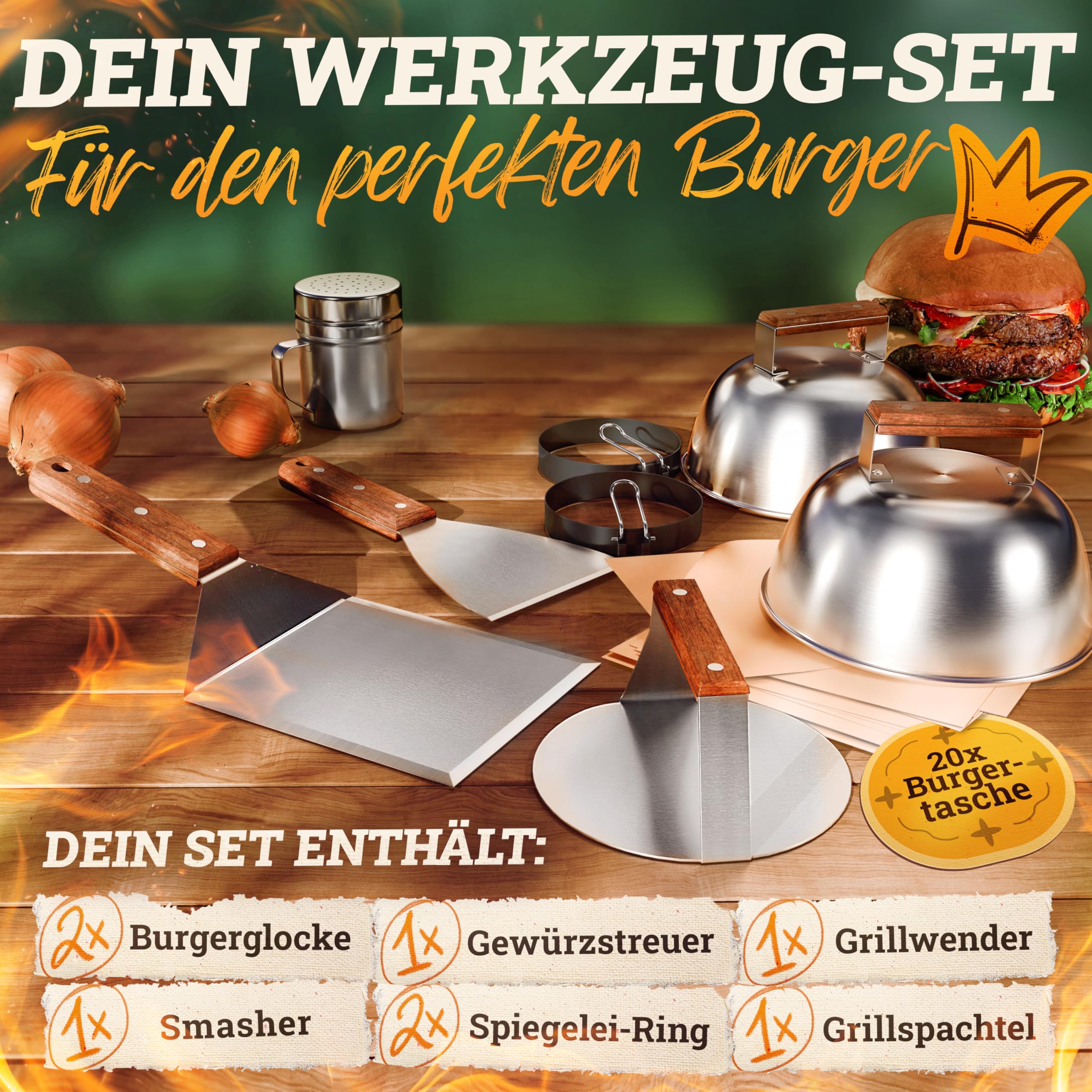 LIKAYA® Smash Burger Master-Set XXL [9-TLG.] Edelstahl mit Akazienholz-Griffen für Plancha, Grillplatte, Gasgrill & Feuerplatte | 1x Smasher, 2X Burgerglocke, 1x Grillspachtel, 1x Grillwender & mehr