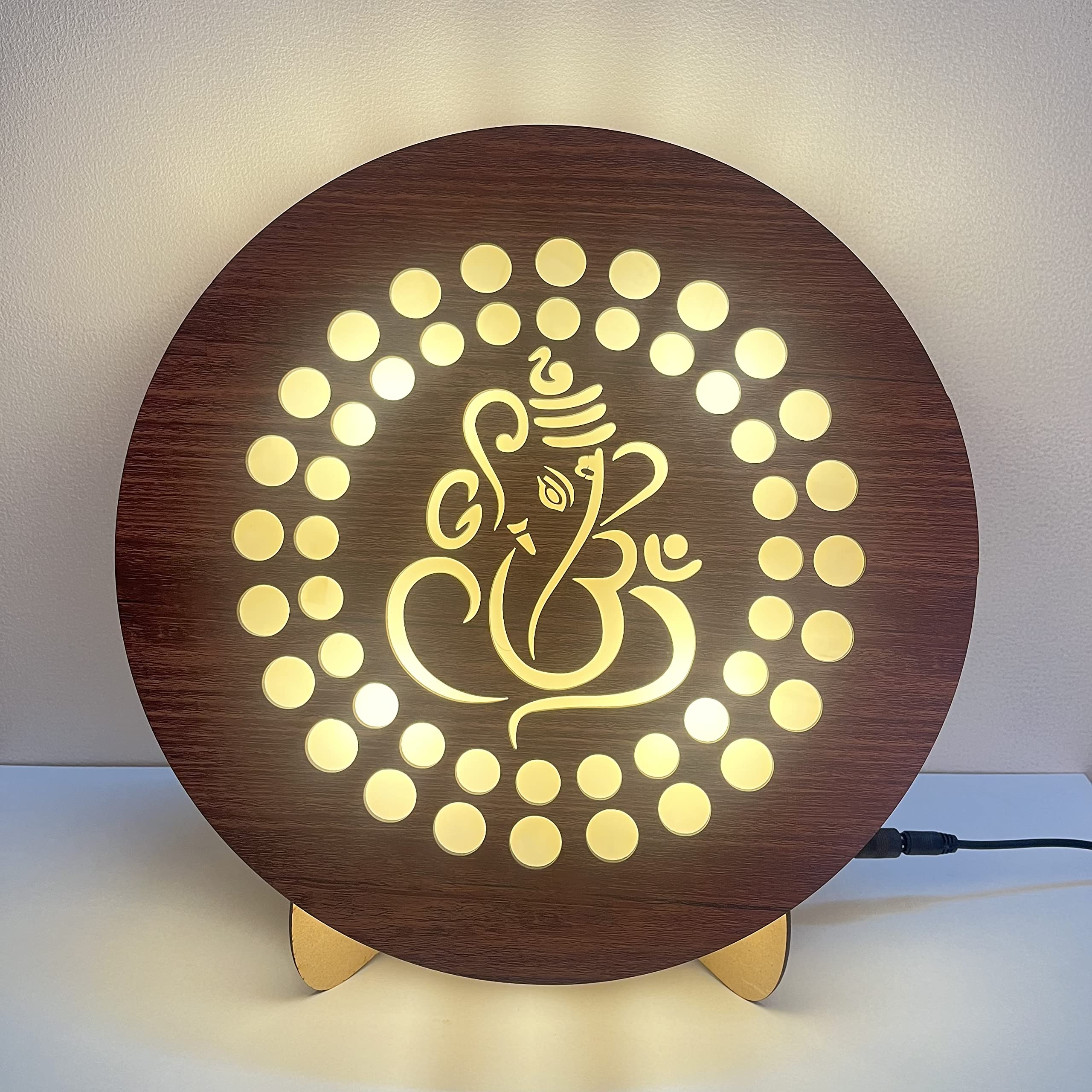 BAPUBEBE Lord Ganesh Sticker 3D Wall Art Photo Design Ganpati Wall Hanging LED Light Table Lamp Idol for Decoration, Gift, Home, Decor, Main Door Entrance, Hall, Mandir, Bedroom Wooden Size 12*12 Inch Piece of1 (GANESH DESIGN 1)