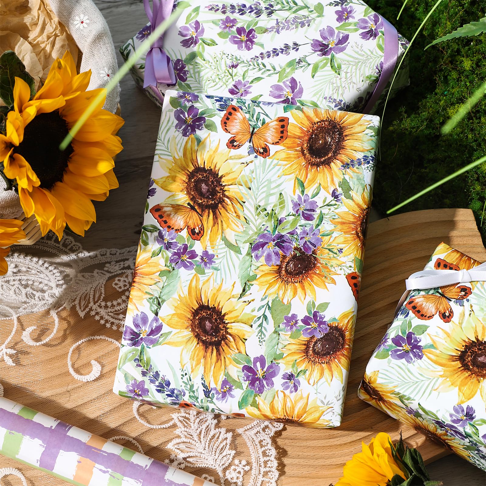 LeZakaa Lot De 3 Rouleaux De Papier Cadeau Floral – Mini Rouleau De Papier Cadeau – Motif Tournesol/fleur Violette/carreaux Pour Anniversaire, Fête
