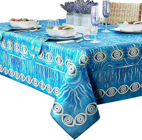 Home Bargains Plus Mantel rectangular de tela azul contra el mal de ojo, 52 x 70 pulgadas, resistente a las arrugas, el agua y las manchas, mantel
