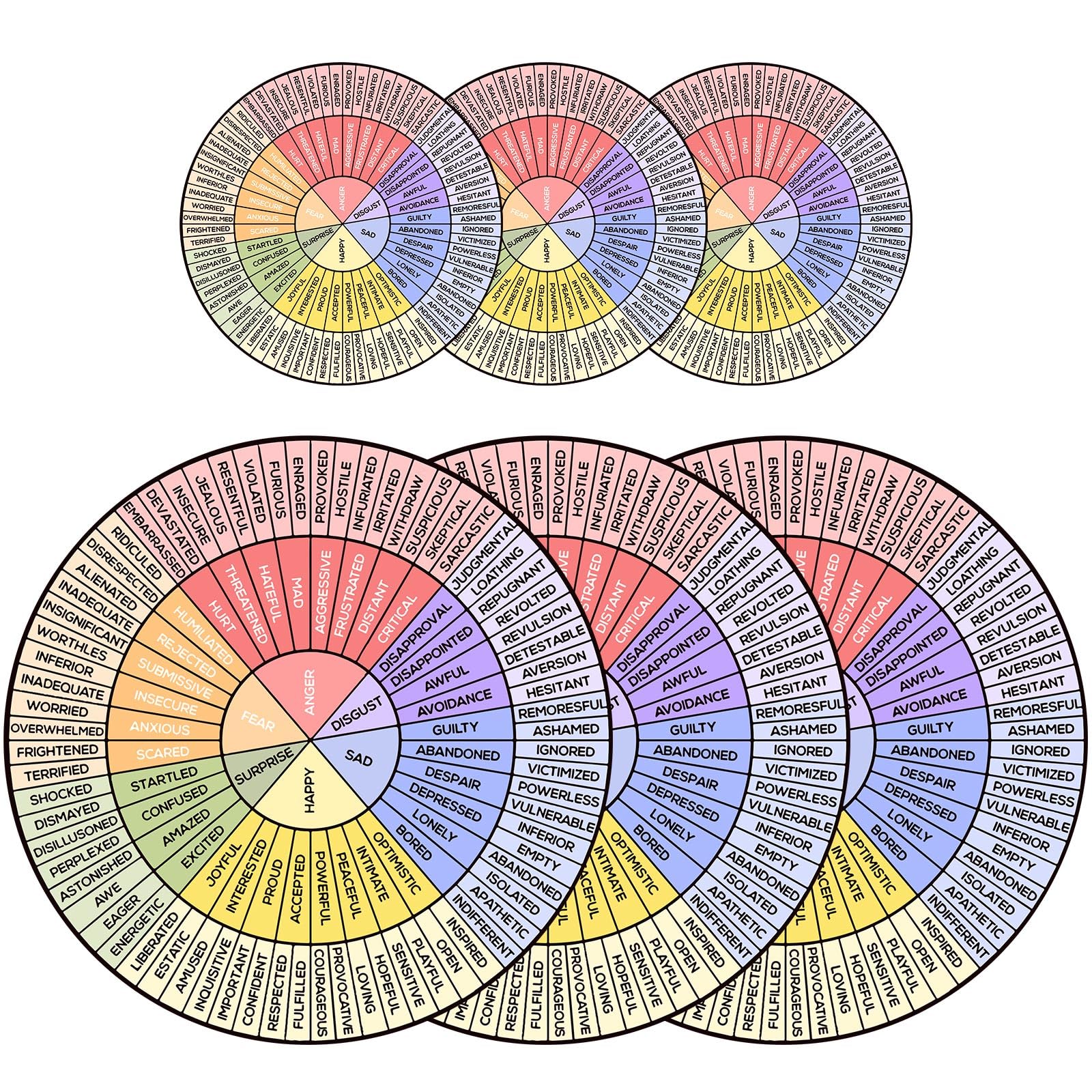 Chinco 6 Pieces Feelings Wheel Chart Stickers 6 Inches 3.2 Inches Vinyl Emotion Decal Therapy Office Decor Mental Color School for Car Social Worker