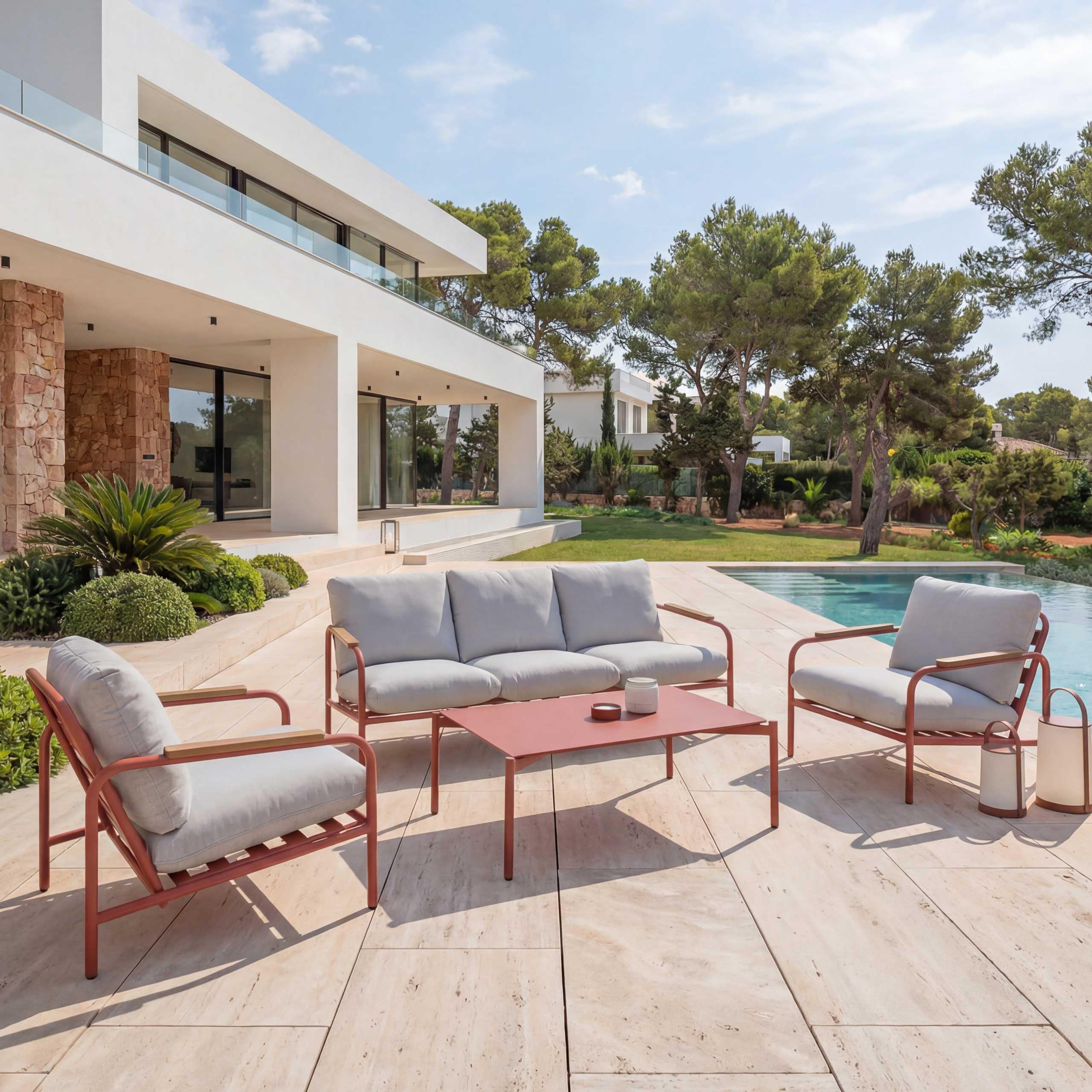 Mendler Aluminium-Gartengarnitur HWC-O11, Outdoor 3-Sitzer Sitzbank Sessel Sofa, Olefin (205 g/m²) - terrakotta Polster beige