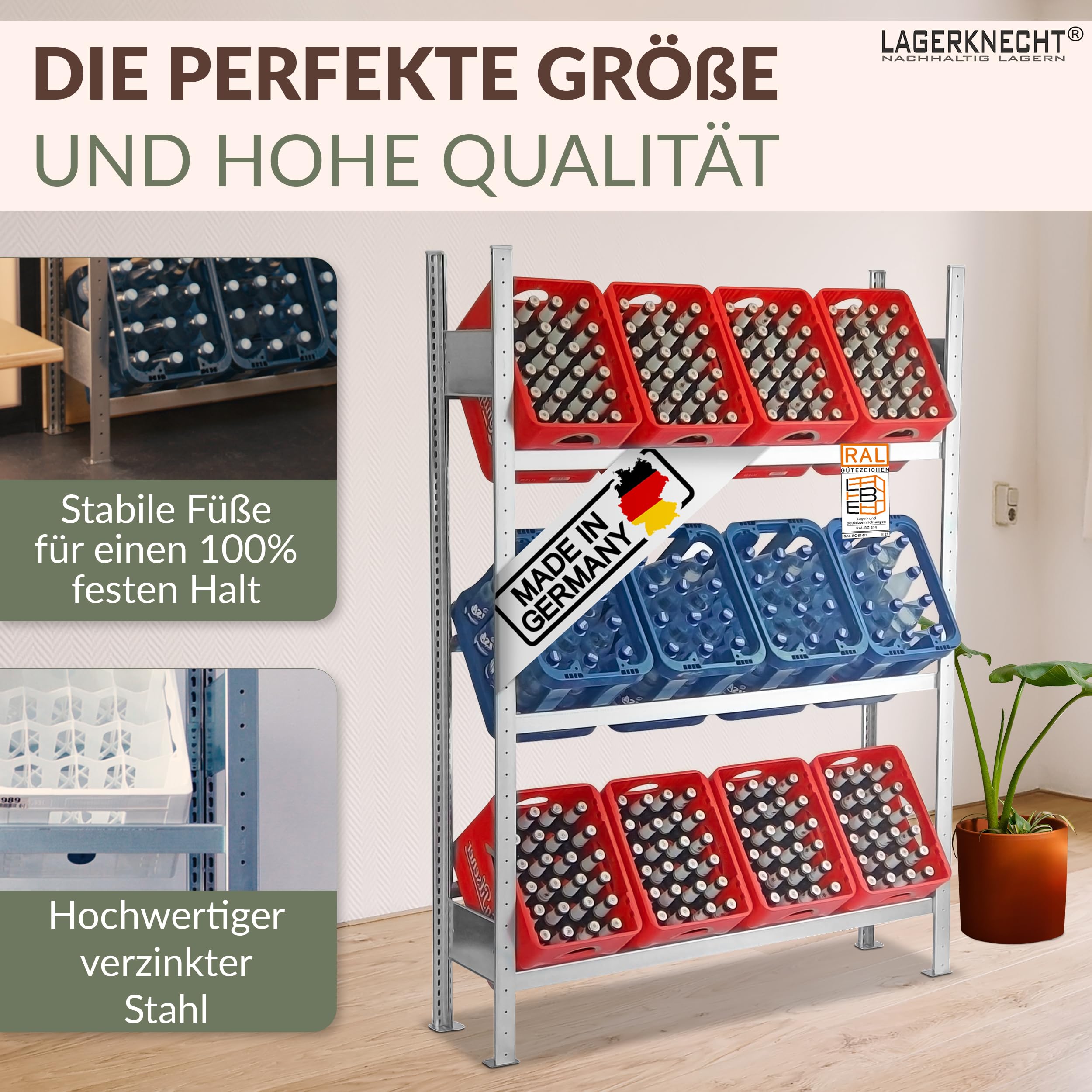 Lagerknecht Getränkekistenregal 12 Kisten 130 cm Made in Germany professionelle Ordnung für Kisten; Regal für Getränkekisten, Getränkeregal, Wasserkistenregal, Bierkistenregal