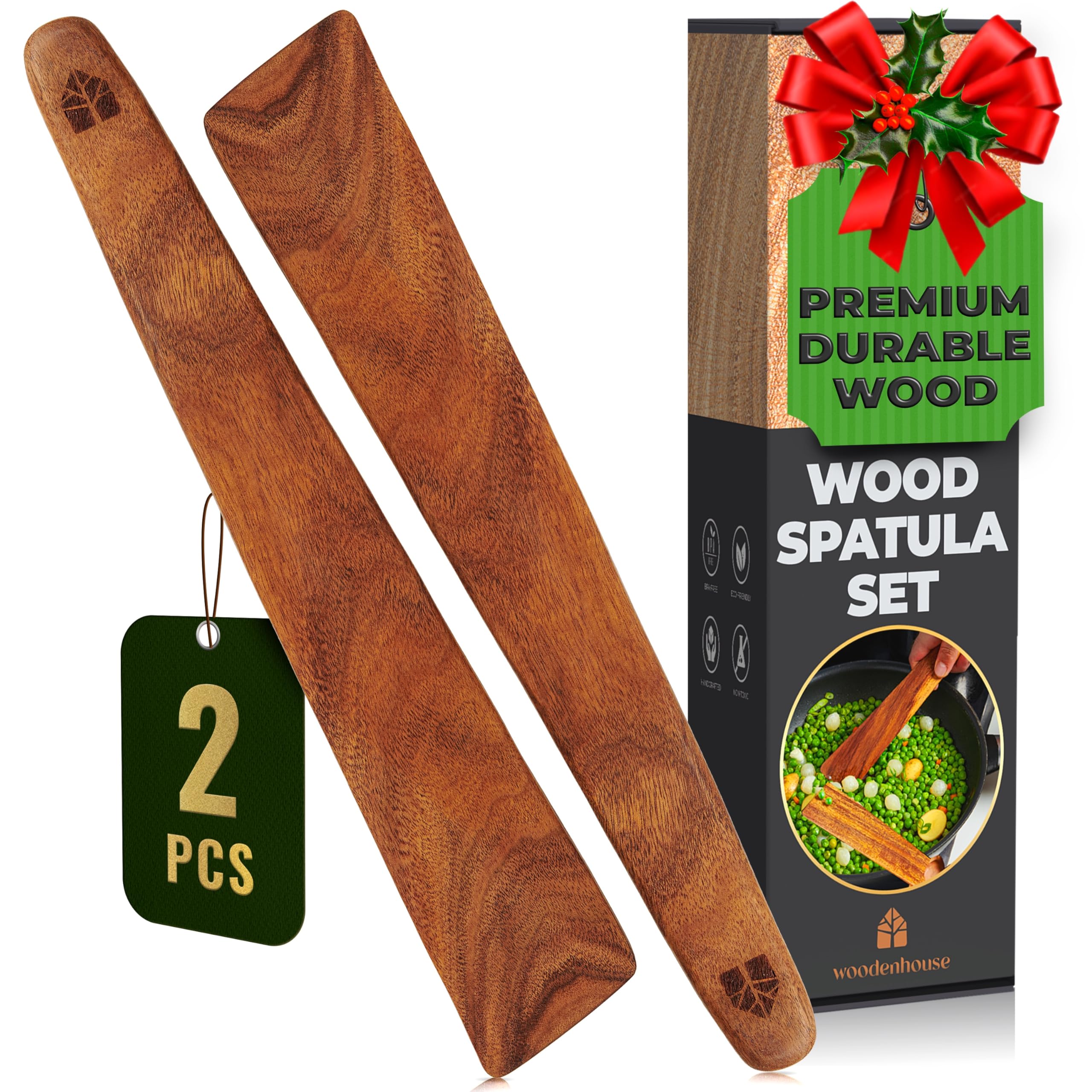 Wooden Spatula for Cooking Set of 2 – 12 Inch Teak Spatula Turner & Flipper for Cast Iron, Flat Egg & Pancake Scraper – Utensils by Woodenhouse - White Elephant Gift ideas, Kitchen Gifts for Women Men