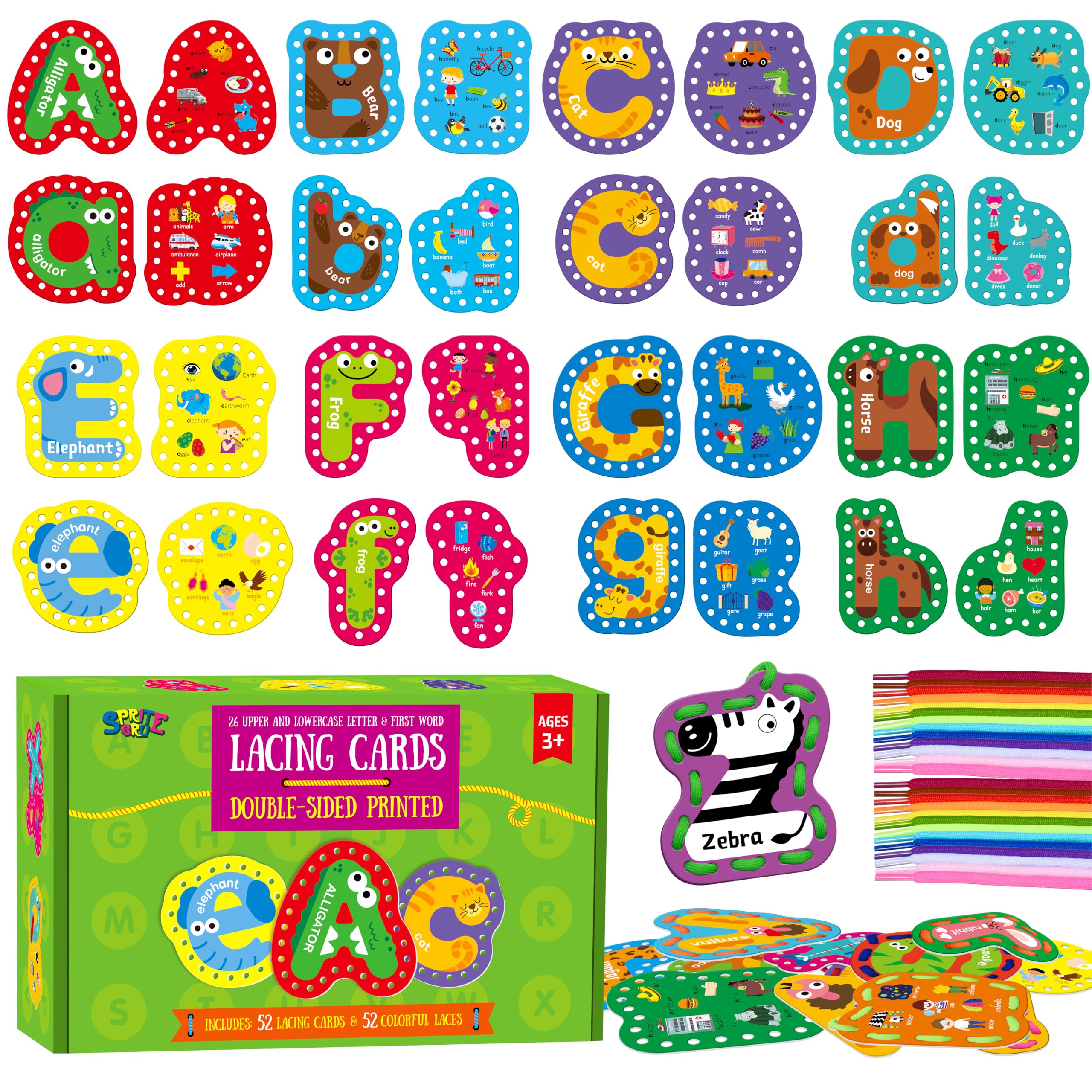 52 PCS Lacing Cards, 26 Double-Sided Uppercase &amp; Lowercase Sewing Cards with 52 Colorful Laces, Imagination Development Lacing Toy Games Educational and Learning Activity for Preschoolers, Children