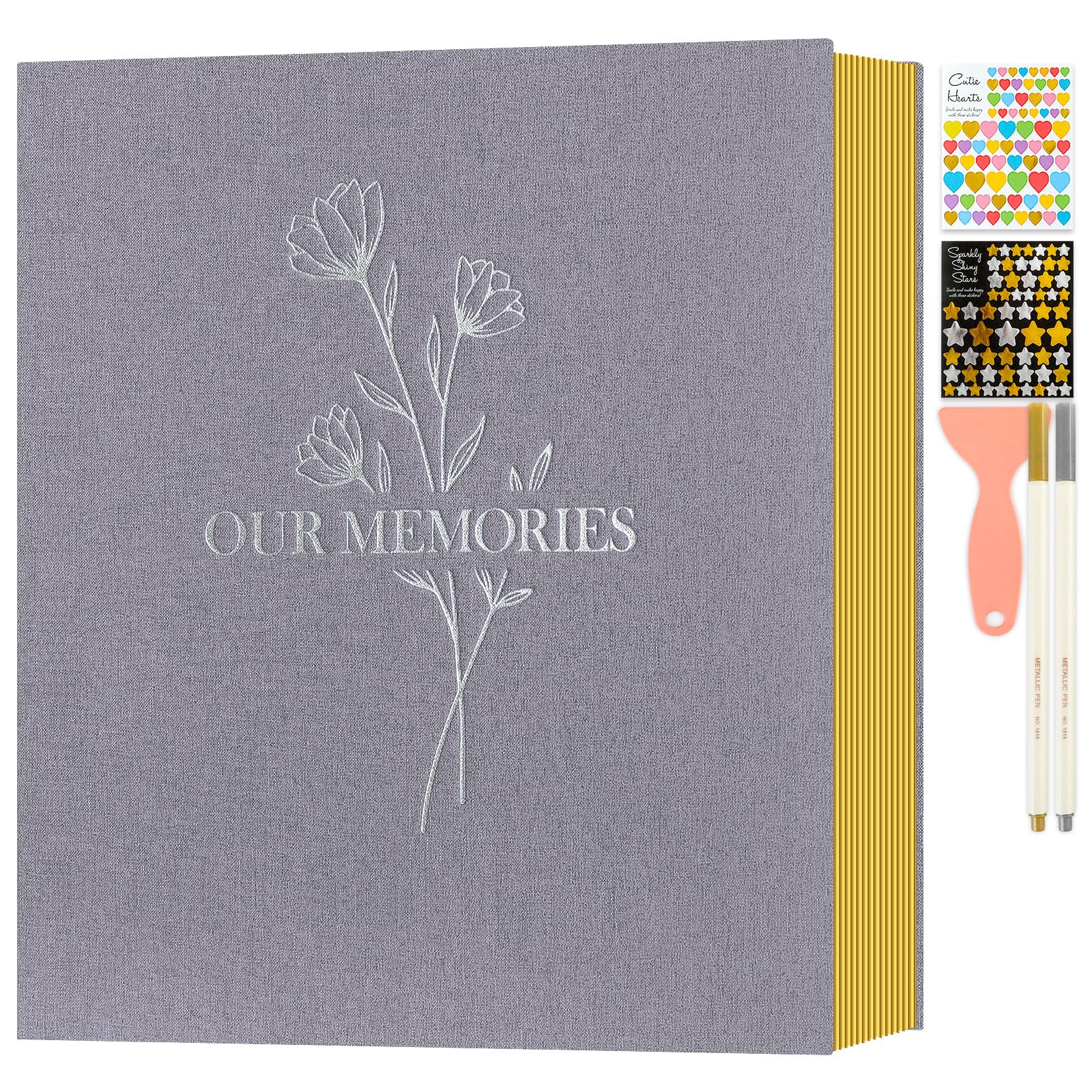 Lanpn Album fotografico autoadesivo, Grandi OURMEMORIES album di foto in lino pagine magnetiche appiccicose, contiene diverse dimensioni 10x15cm 13x18cm immagini A4 A5 (40 fogli / 80 pagine, Grigio)