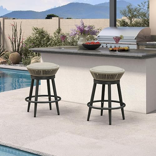PURPLE LEAF Outdoor Swivel Counter Height Bar Stools Set of 2 Metal Modern Rattan Bar Chairs Backless Aluminum Woven Barstools with Cushions for Kitchen Balcony Garden Indoor Grey