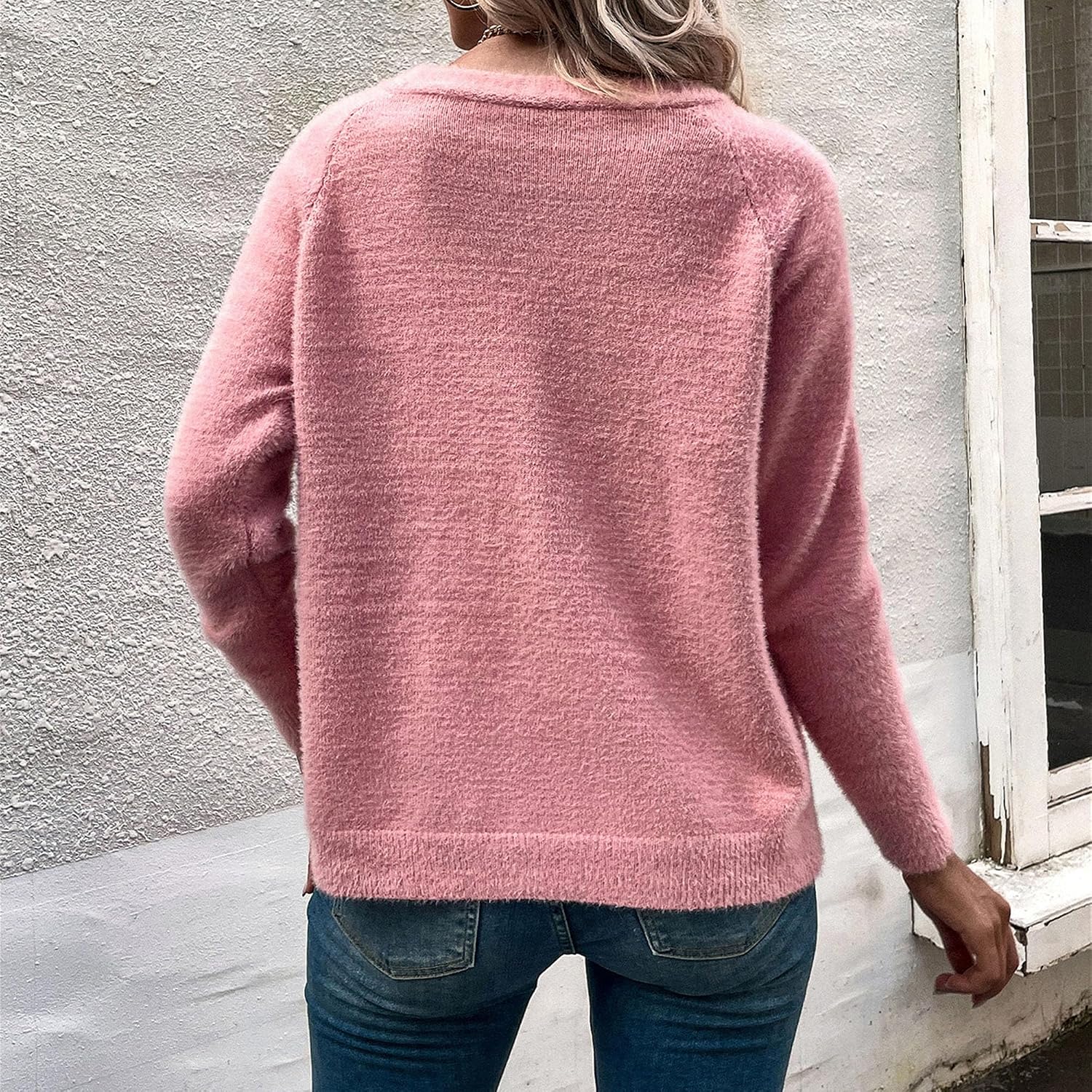 Casual Sweaters Top for Women Solid Long Sleeve V Neck Button Down Coat Trendy Fuzzy Loose Knit Cardigan
