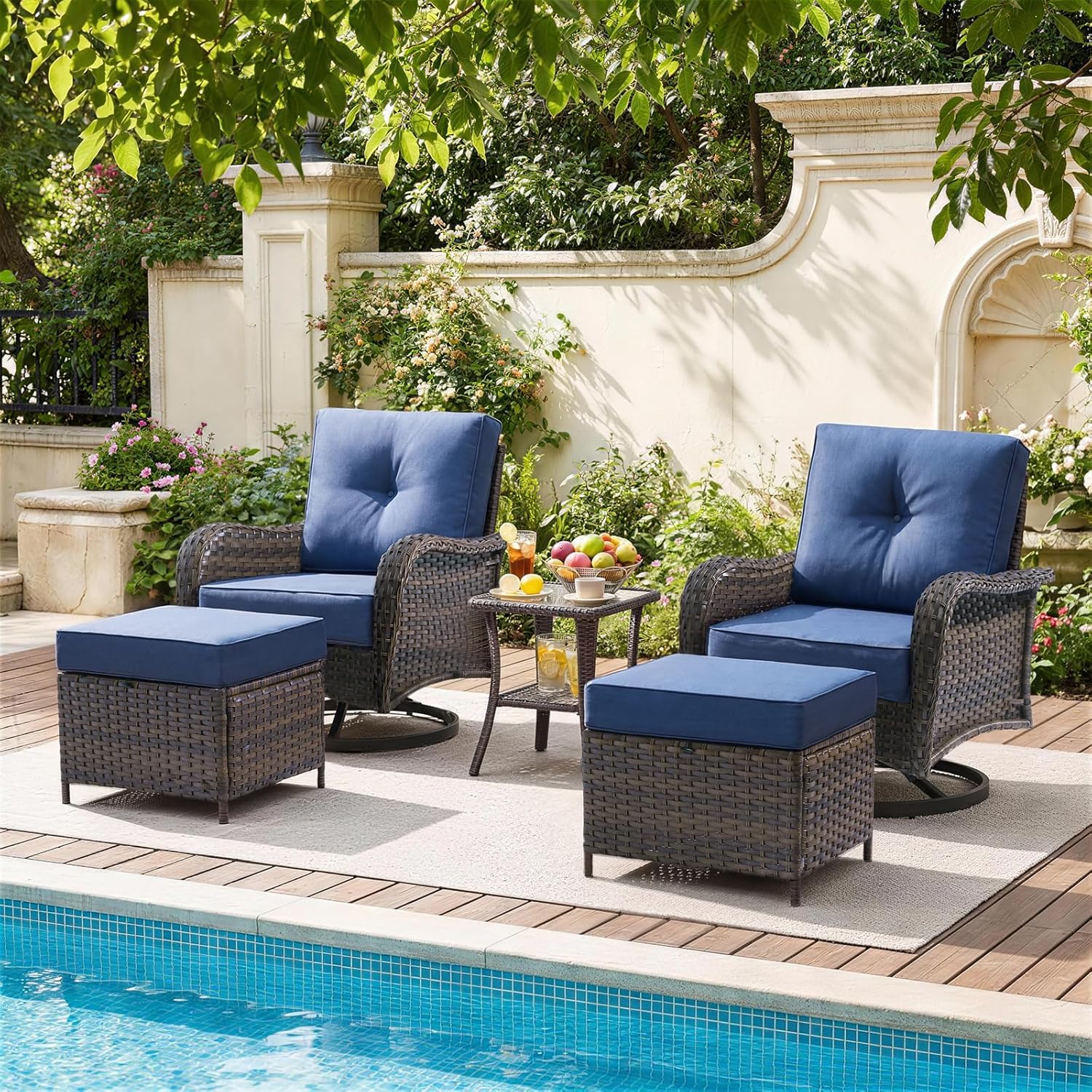 Outdoor Patio Swivel Rocker Chairs Set of 2 with Table, All-Weather Wicker Rattan Patio Furniture Set with 6-Inch Thick Cushions, Conversation Seating for Porch Backyard Deck (Navy Blue,3 PCS)