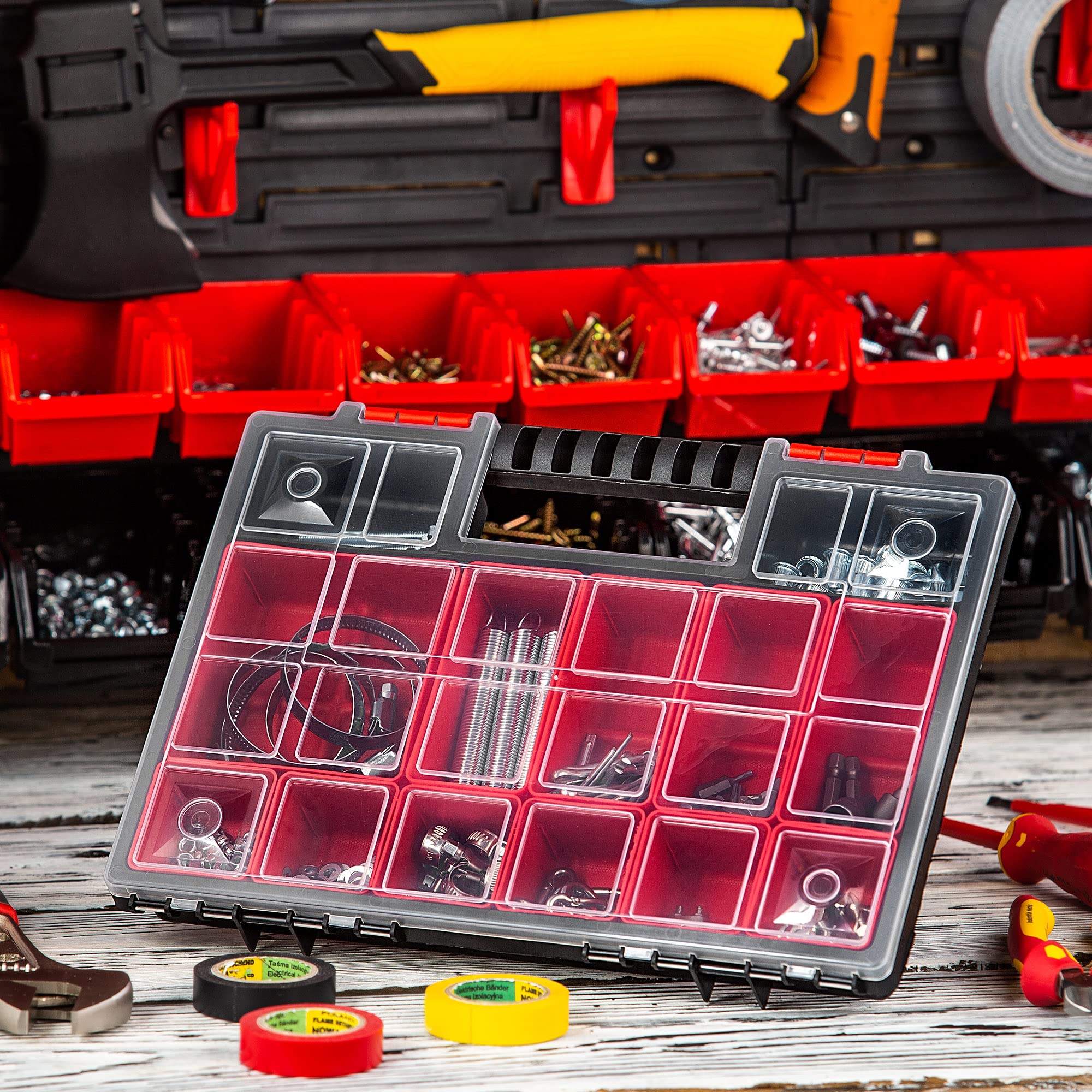 KADAX Organizer con Coperchio Trasparente – Cassetta Porta Minuteria a Scomparti per Viti, Bulloni, Ferramenta, Officina e Garage – Plastica Resistente (34 x 25 cm, 12 Pezzi)