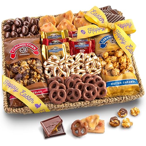 Miniatura 10 de A Gift Inside Gran cesta de regalo con chocolate, caramelo y dulces crujientes para dar con cariño con aperitivos, Ghirardelli y nueces cubiertas