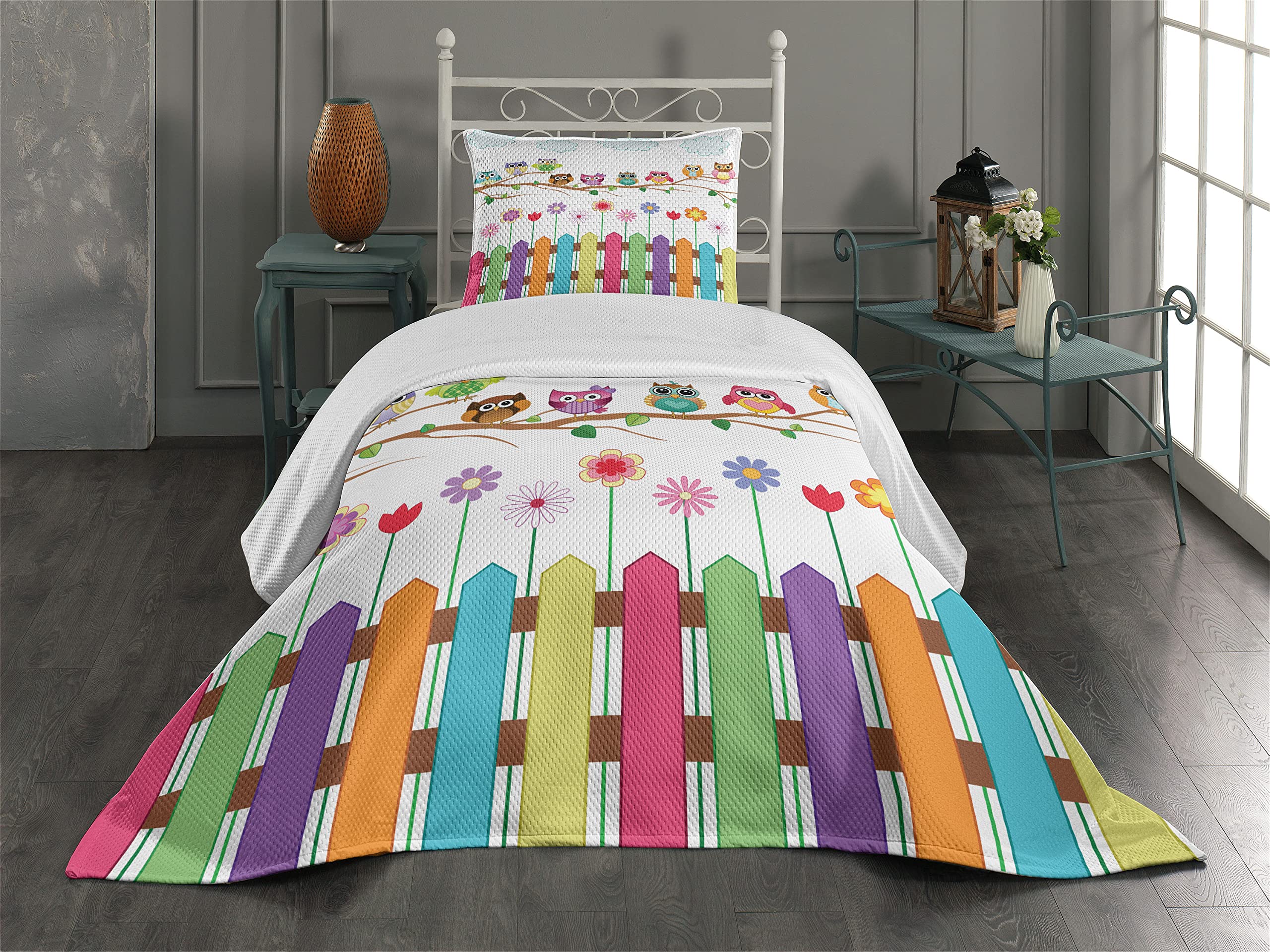 Ambesonne Owls Coverlet, Owls on a Branch Sunny Day in Countryside Farmhouse Fences Wildflowers Holidays Art, 2 Piece Decorative Quilted Bedspread Set with 1 Pillow Sham, Twin Size, Pink White