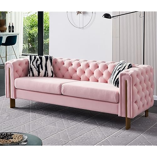 Melpomene Modern Button Tufted Velvet Sofa, Chesterfield Sofa with Square Arm, Gold Metal Legs and 2 Throw Pillows for Living Room(Pink)