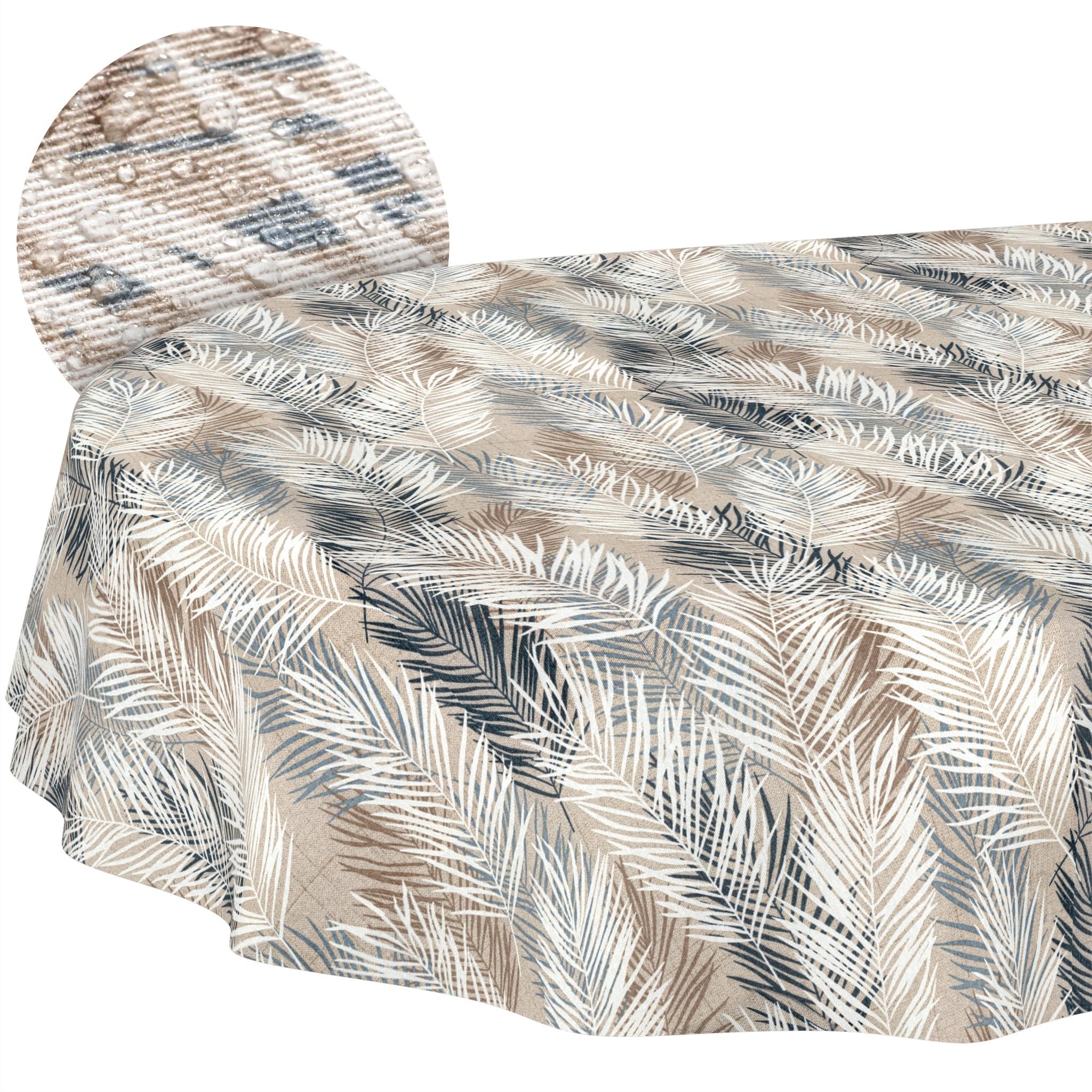 ANRO Washable Tablecloth Leaves Grey Beige Oval 160 x 140 cm - Water-Repellent Indoor Outdoor Lotus Effect Cut Edge