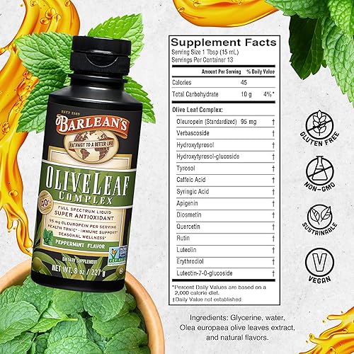 Miniatura 6 de Barlean's Peppermint Olive Leaf Complex Liquid Immune Support Supplement with 95mg Oleuropein Antioxidants for Seasonal Wellness, Heart Health, &