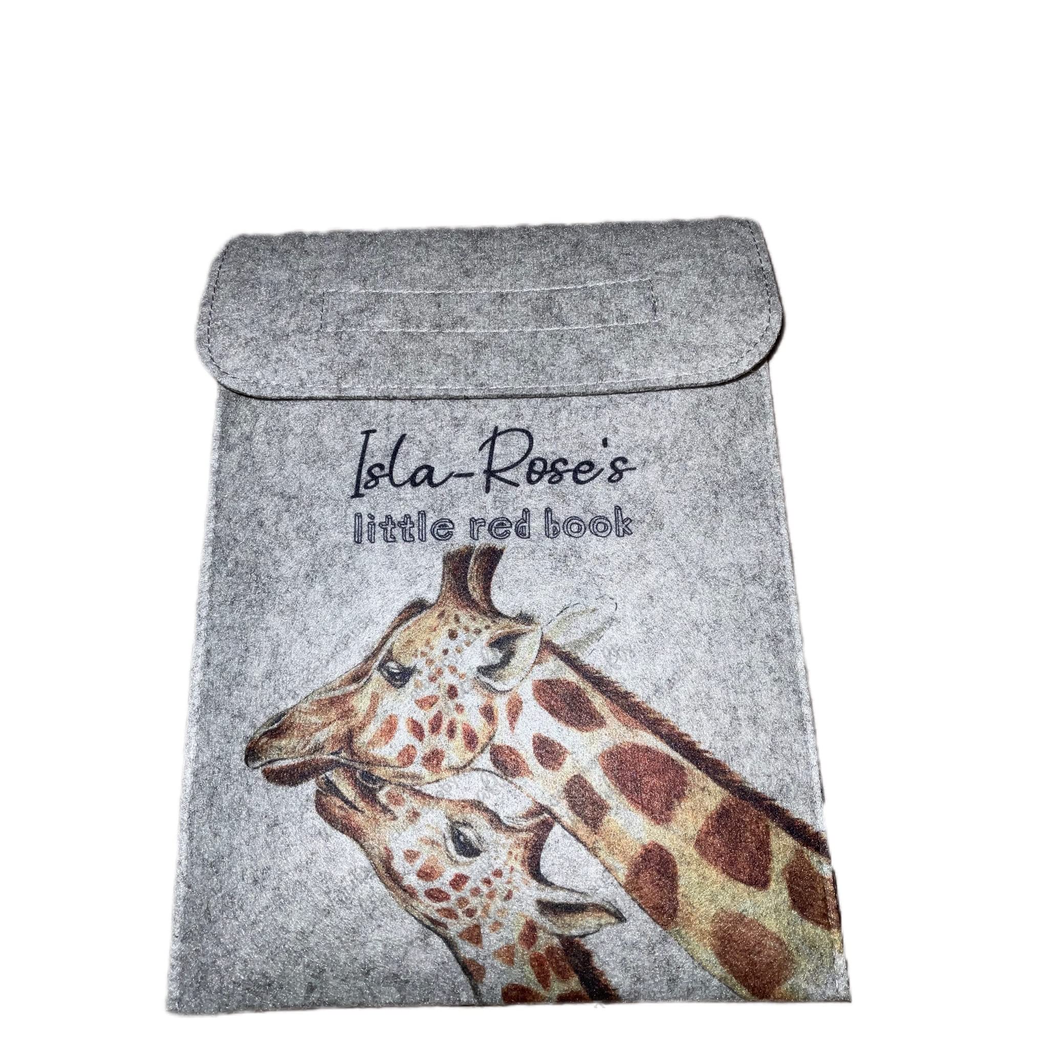 personalised Baby's red book cover for NHS medical notes personal health record book new parent gift baby gift with two giraffes one bigger than the other