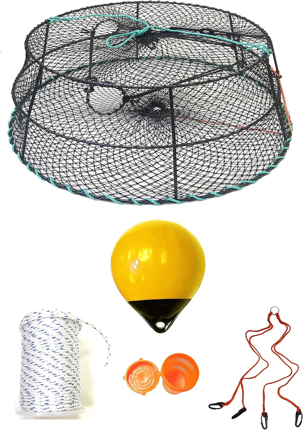 KUFA Sports Tower Style Prawn Trap with 400' Rope, Yellow Float, Vented Bait Jar & Harness Combo (CT79+PAS305+HA2)