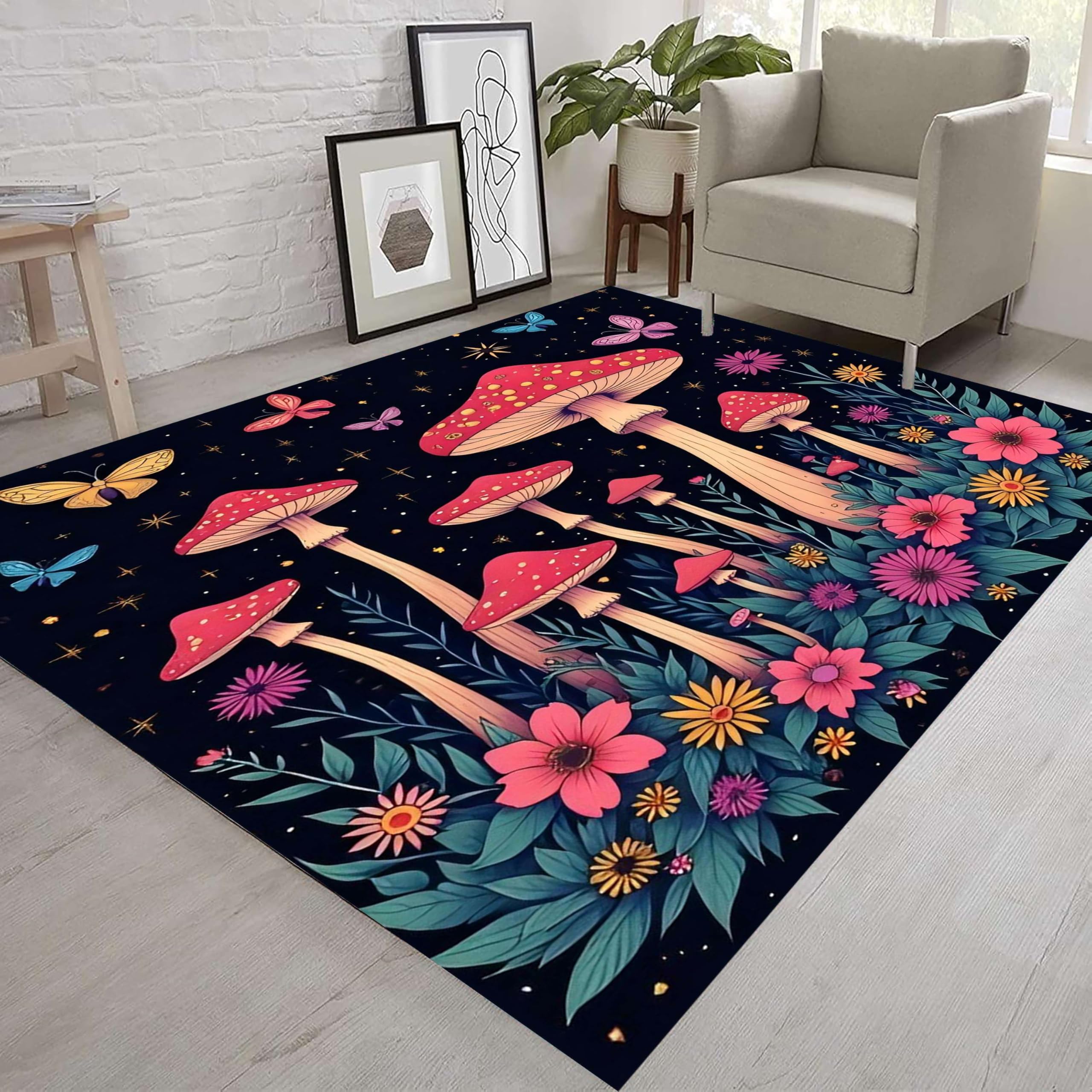 Mushroom Area Rug, 180x230cm, Cute Cartoon Colorful Flower Butterfly Girl Bedroom Soft Low Pile Rugs, Non-Slip Durable Carpet for Living Room Area With High Traffic, Washable Without Shedding