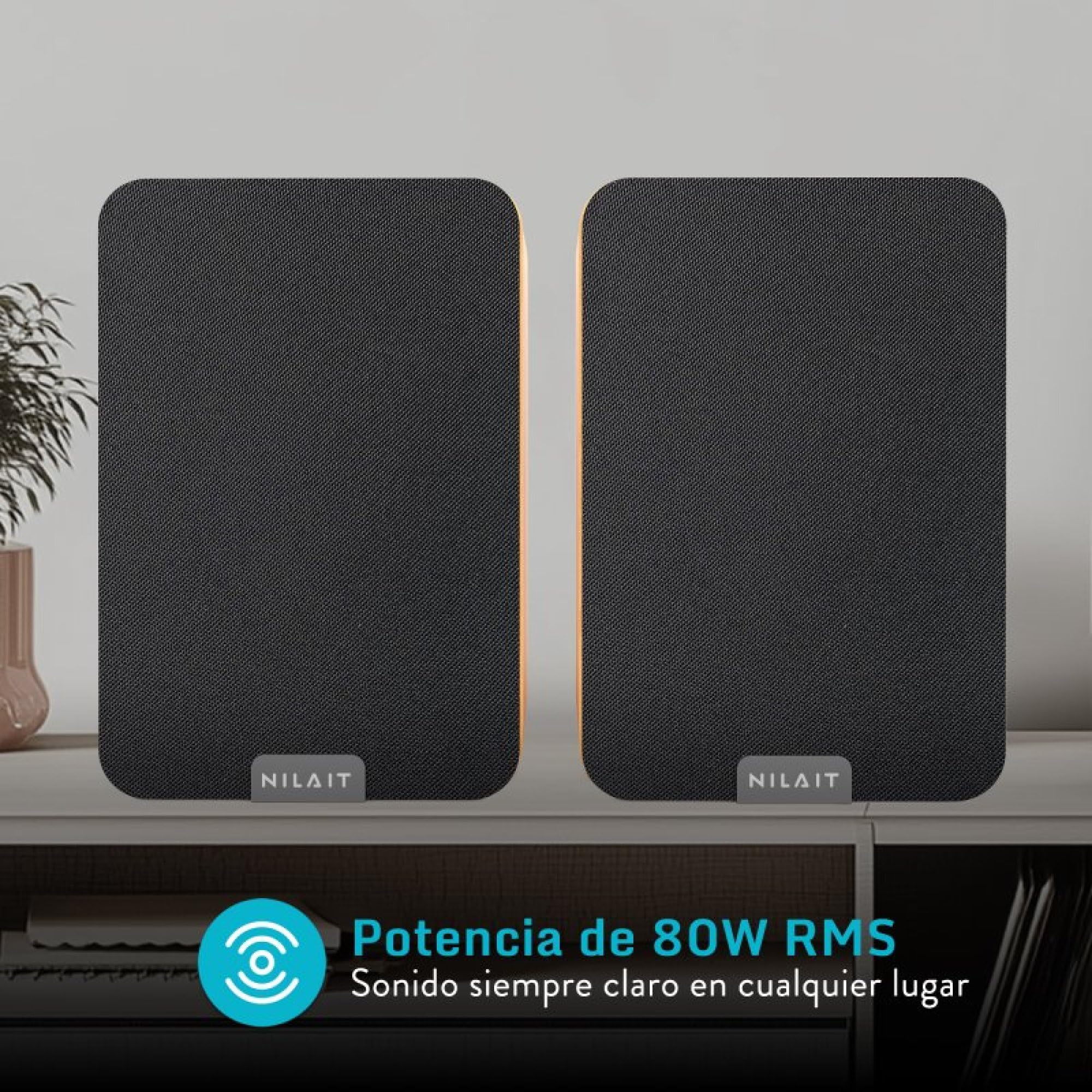 Nilait Hiphoniq Altavoces Bluetooth 80W RMS, Acabado Madera Marrón | Para TV y PC, HDMI ARC, Óptico, USB, RCA, AUX, Bluetooth 5.3, Modos Cine, Música, Diálogo, Mando a Distancia